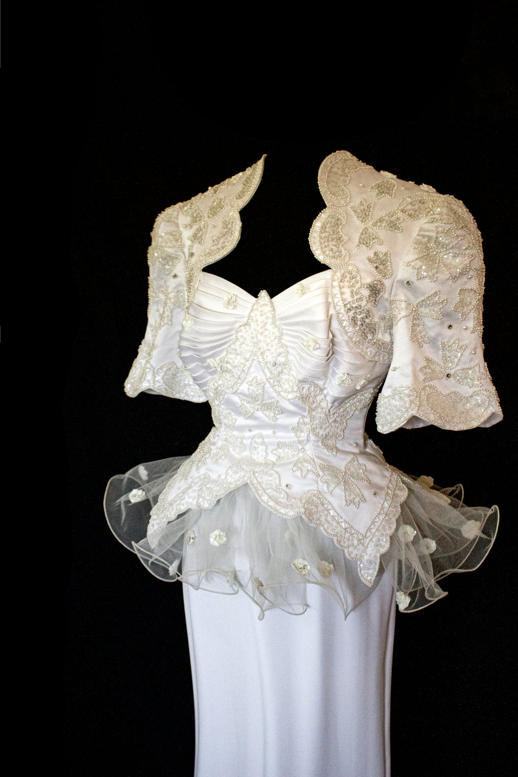 Vintage 80s Sheath Wedding Dress | Hand Embroidered Bridal Gown with Slit - 366