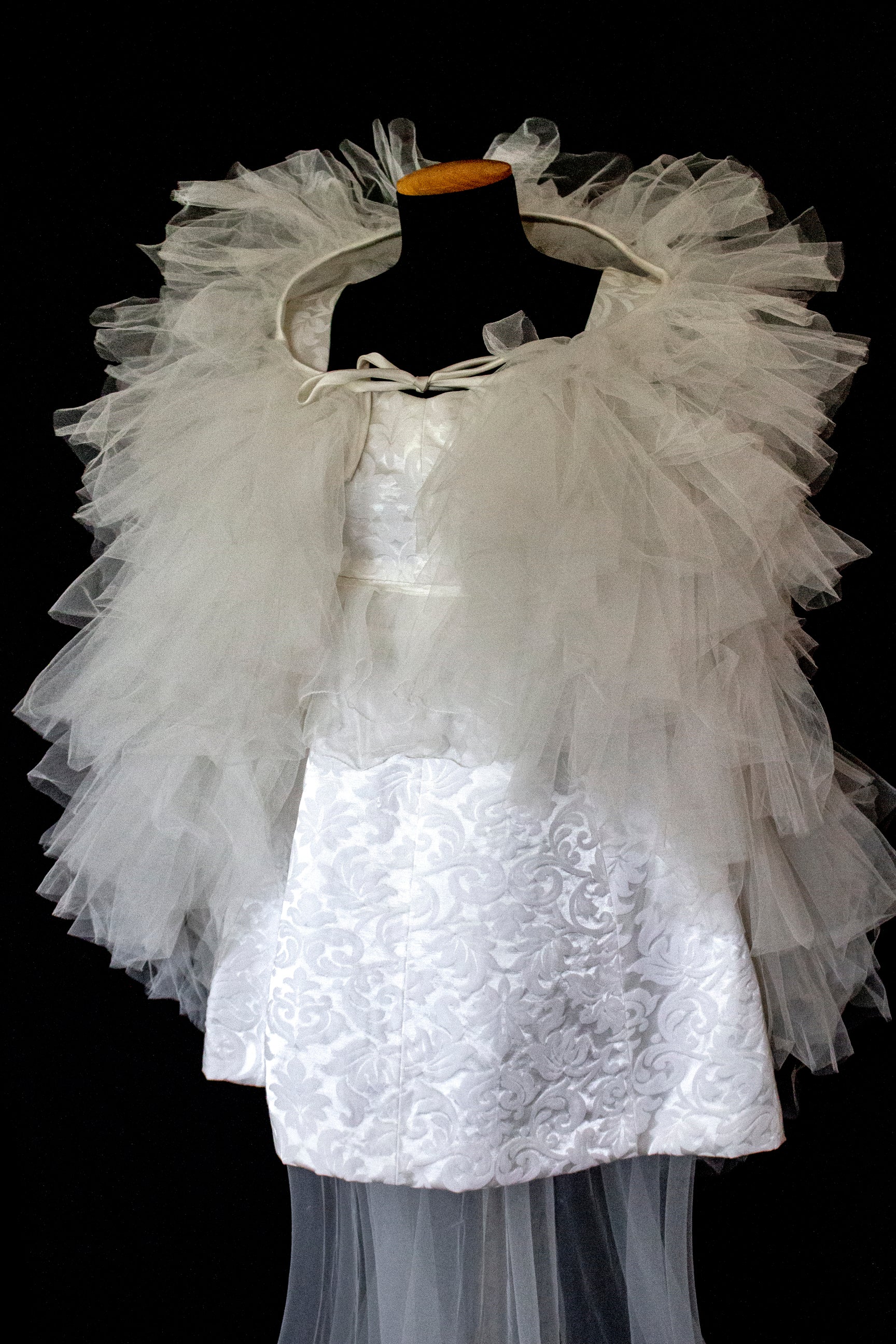 Vintage 90s Mini Wedding Dress | Damask Bridal Dress with Cape & Bow - 368