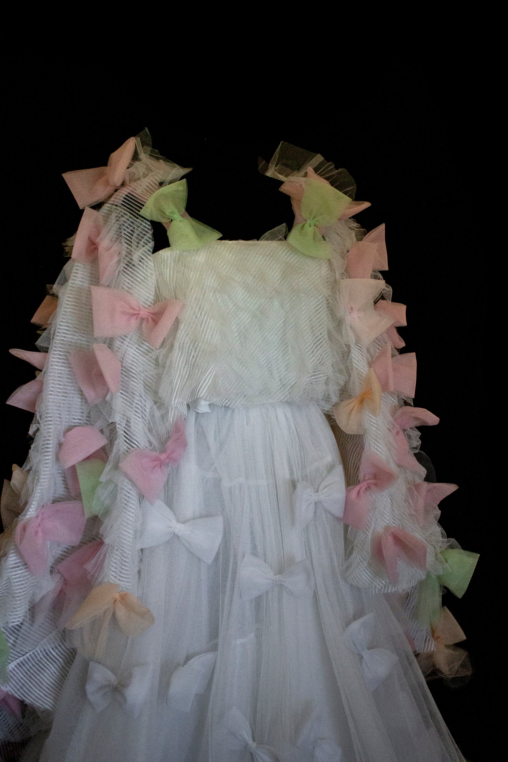 363 - VINTAGE 90s UPCYCLED TULLE 3-PIECE WEDDING DRESS: EMBROIDERED GOWN WITH HANDMADE BOWS AND CAPE