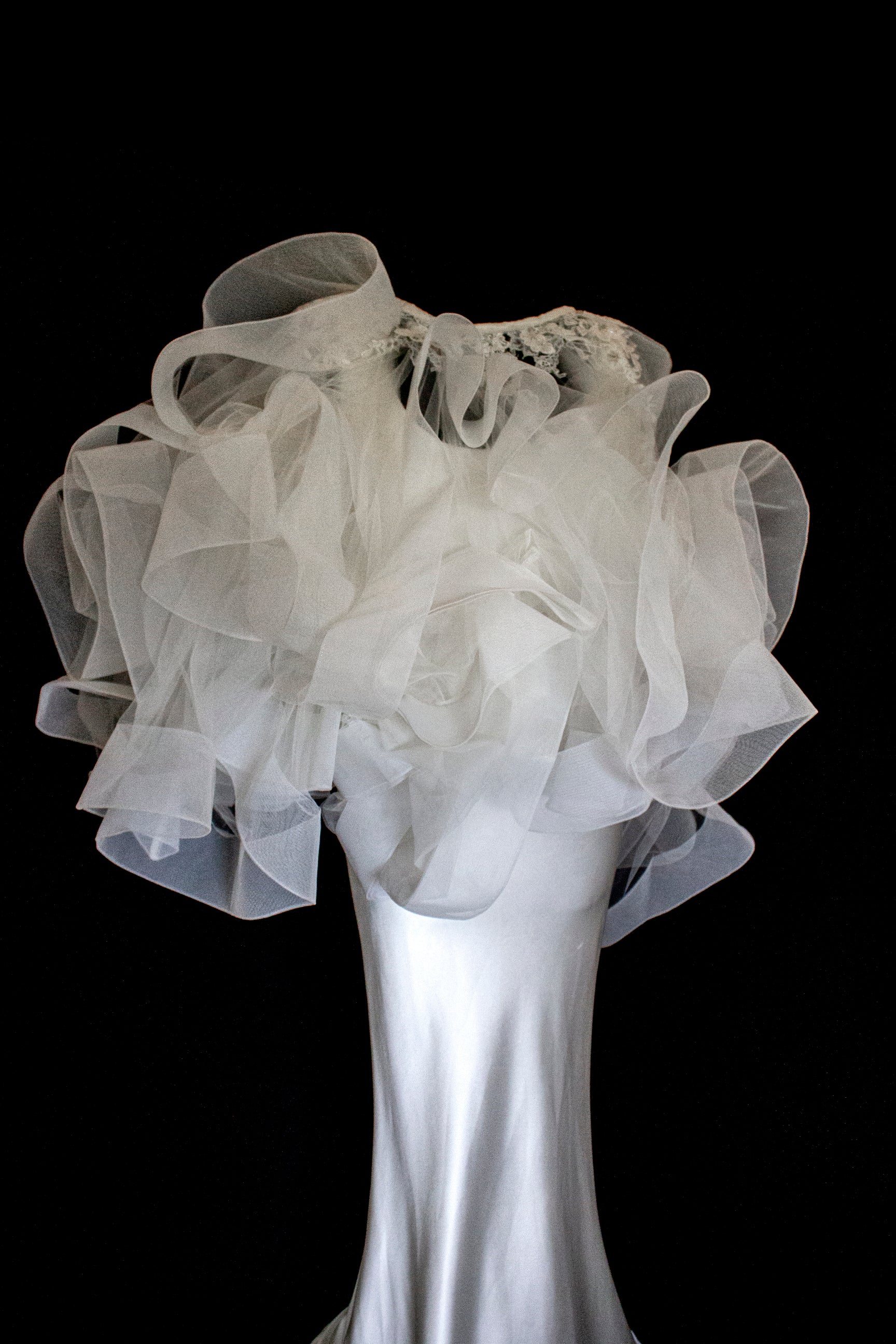 360 - VINTAGE SLIP STYLE WEDDING DRESS: CREAM FLUID SATIN GOWN WITH EMBROIDERED TULLE CAPE