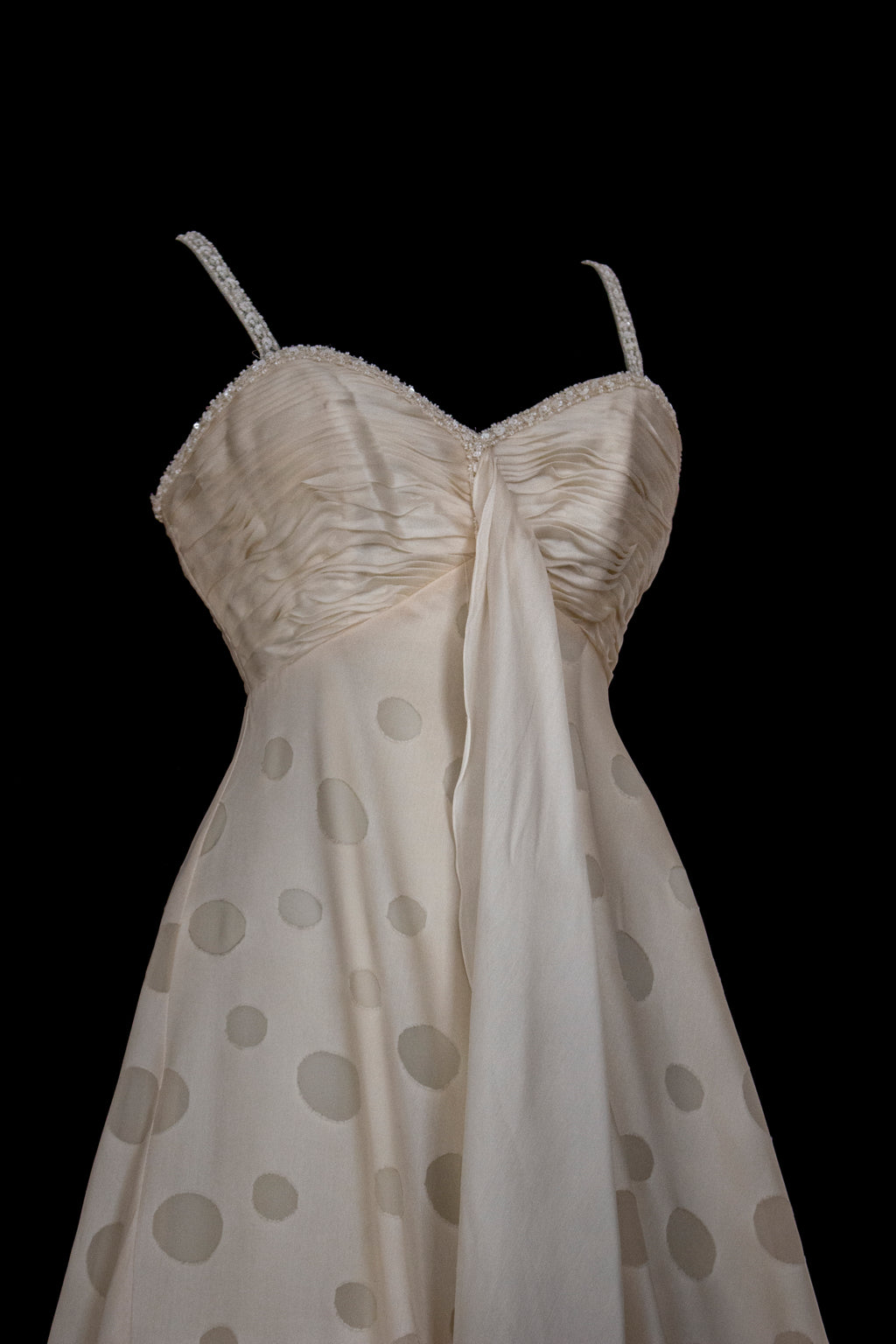 338 - IVORY CHAMPAGNE SILK ORGANZA WEDDING DRESS: POLKA / POIS DOT EMPIRE GOWN WITH BEADED STRAPS & FULL CIRCLE TRAIN - Vague atelier