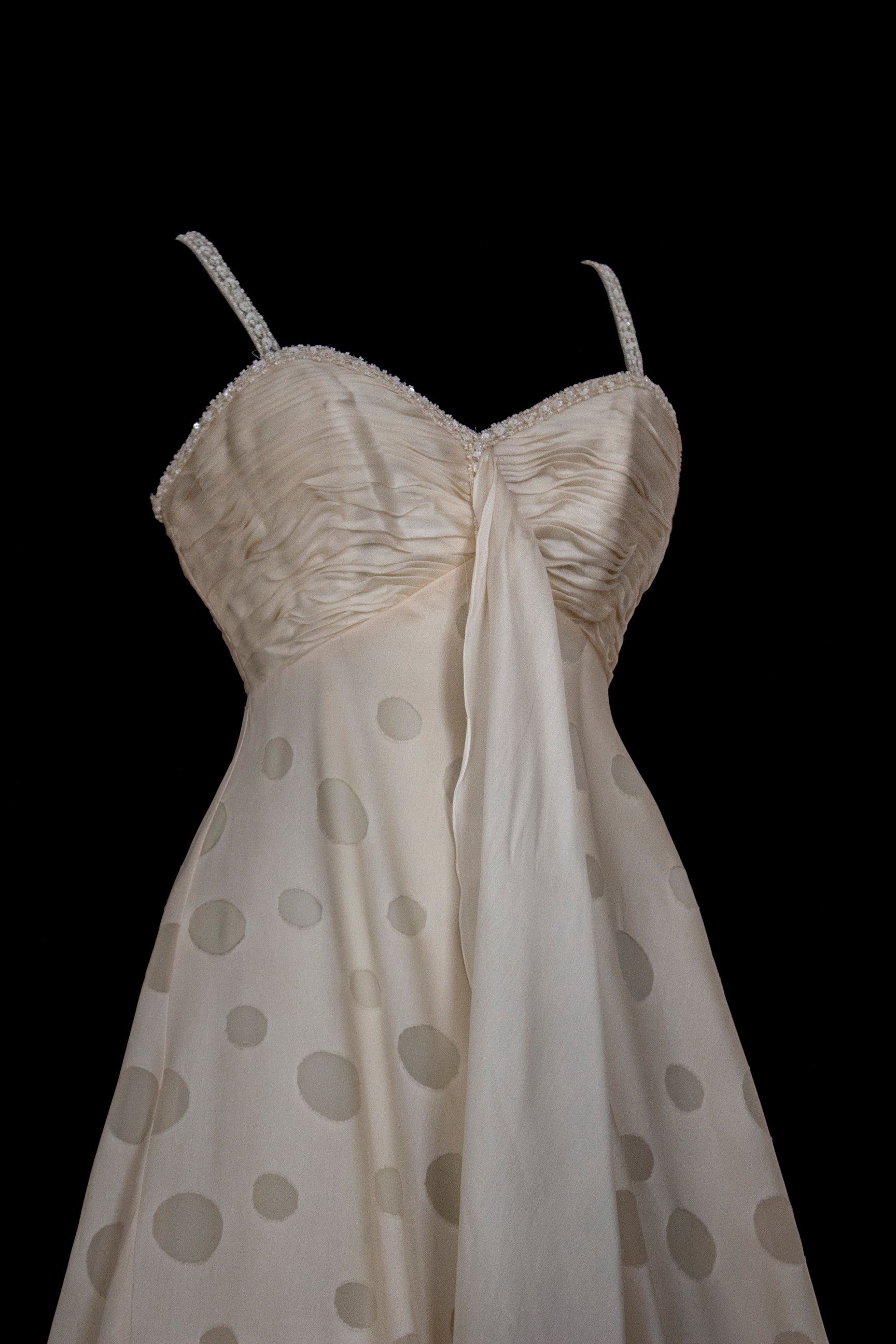 338 - IVORY CHAMPAGNE SILK ORGANZA WEDDING DRESS: POLKA / POIS DOT EMPIRE GOWN WITH BEADED STRAPS & FULL CIRCLE TRAIN - Vague atelier