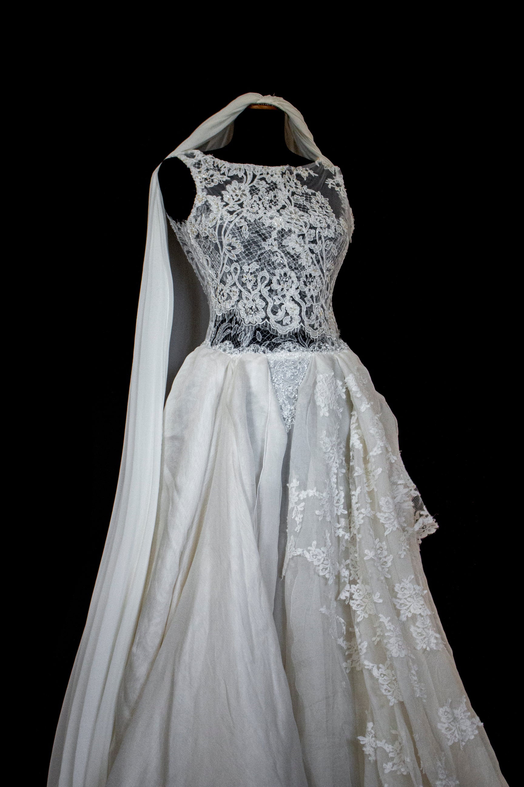 331 - ONE OF A KIND UPCYCLED VINTAGE BRIDAL GOWN: ASYMMETRIC LAYERED SILK CLOUD SKIRT & EMBROIDERED LACE - Vague atelier