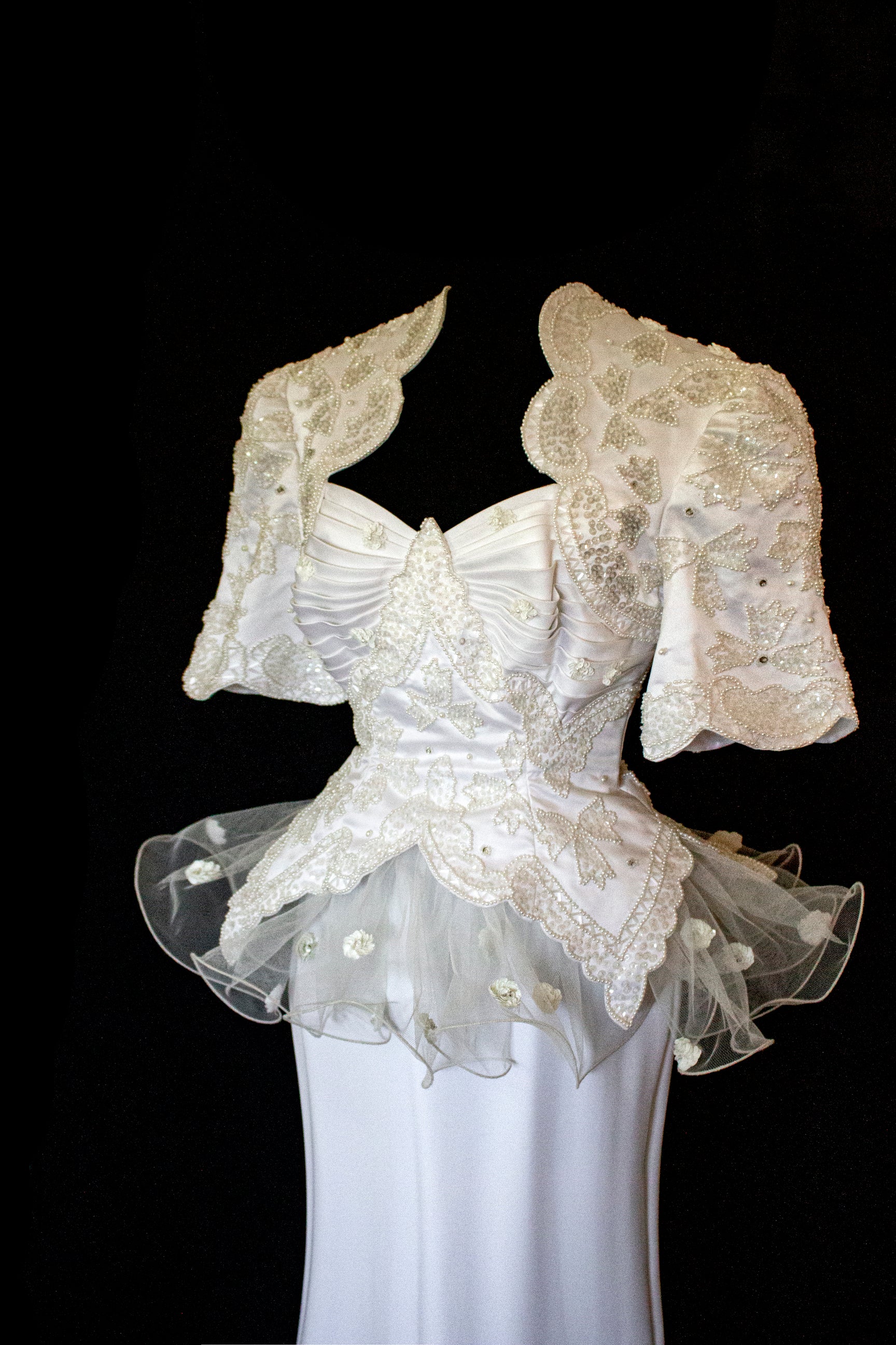 Vintage 80s Sheath Wedding Dress | Hand Embroidered Bridal Gown with Slit - 366