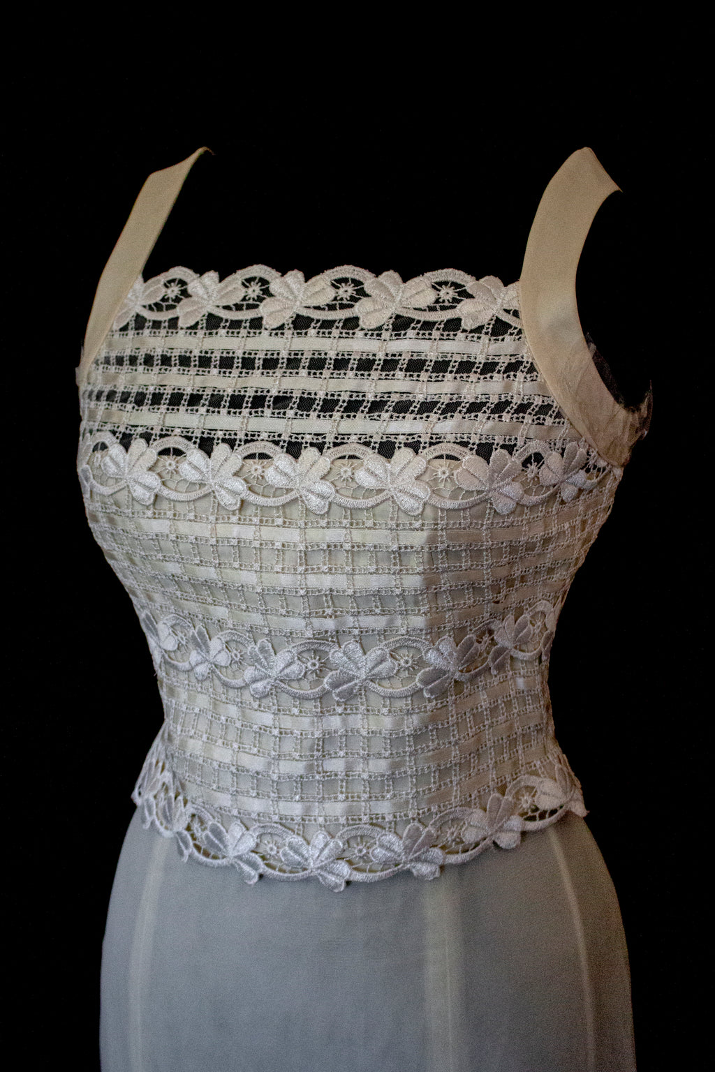 364 - VINTAGE 90s UPCYCLED TULLE AND MACRAME WEDDING DRESS: 2-PIECE ROMANTIC GOWN WITH FLOREAL LACE