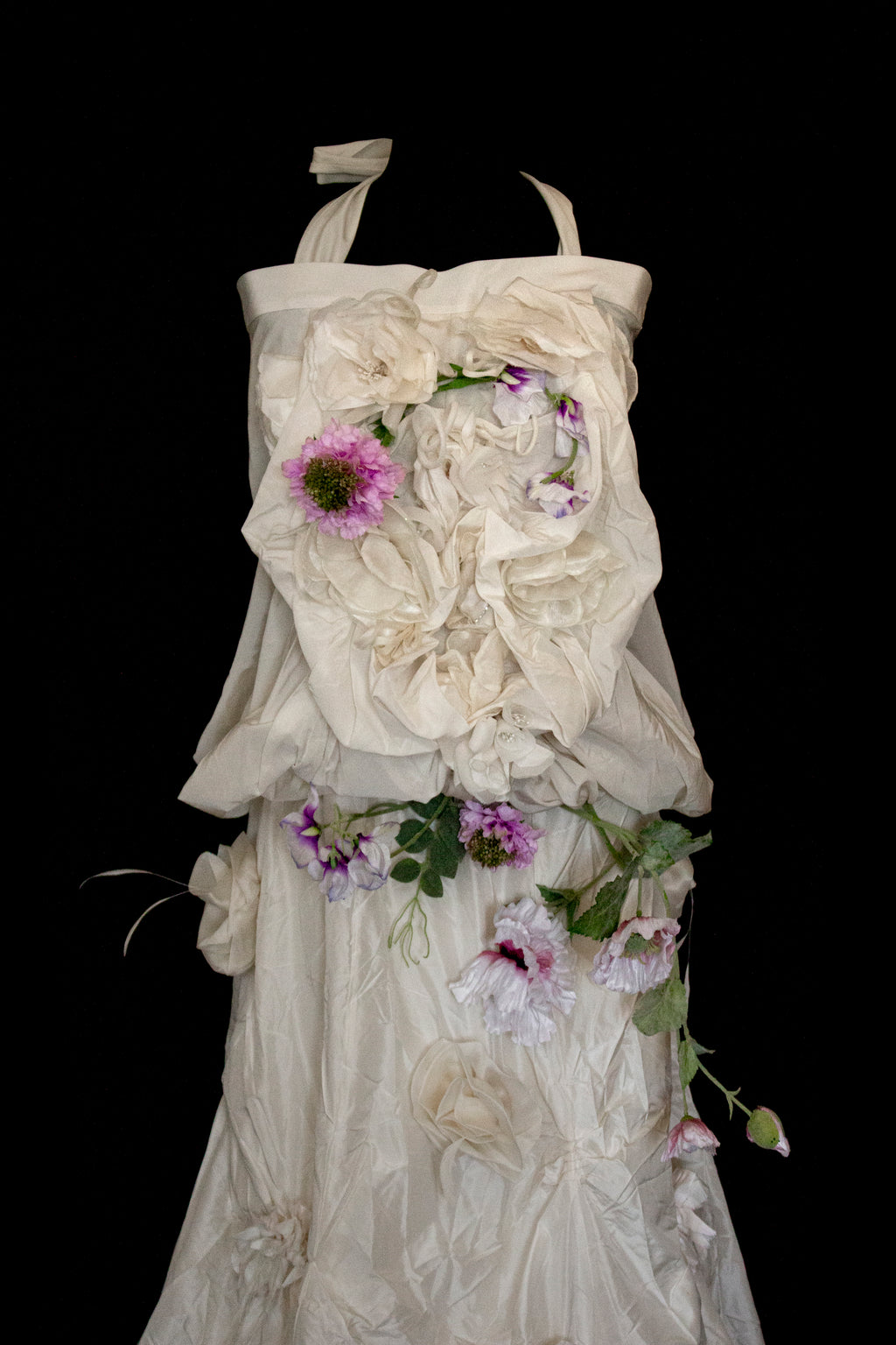 297- UNIQUE ROMANTIC VINTAGE SILK TAFFETA ENSEMBLE: BALLOON TOP & 3D MULTICOLOR FLORAL SKIRT - Vague atelier