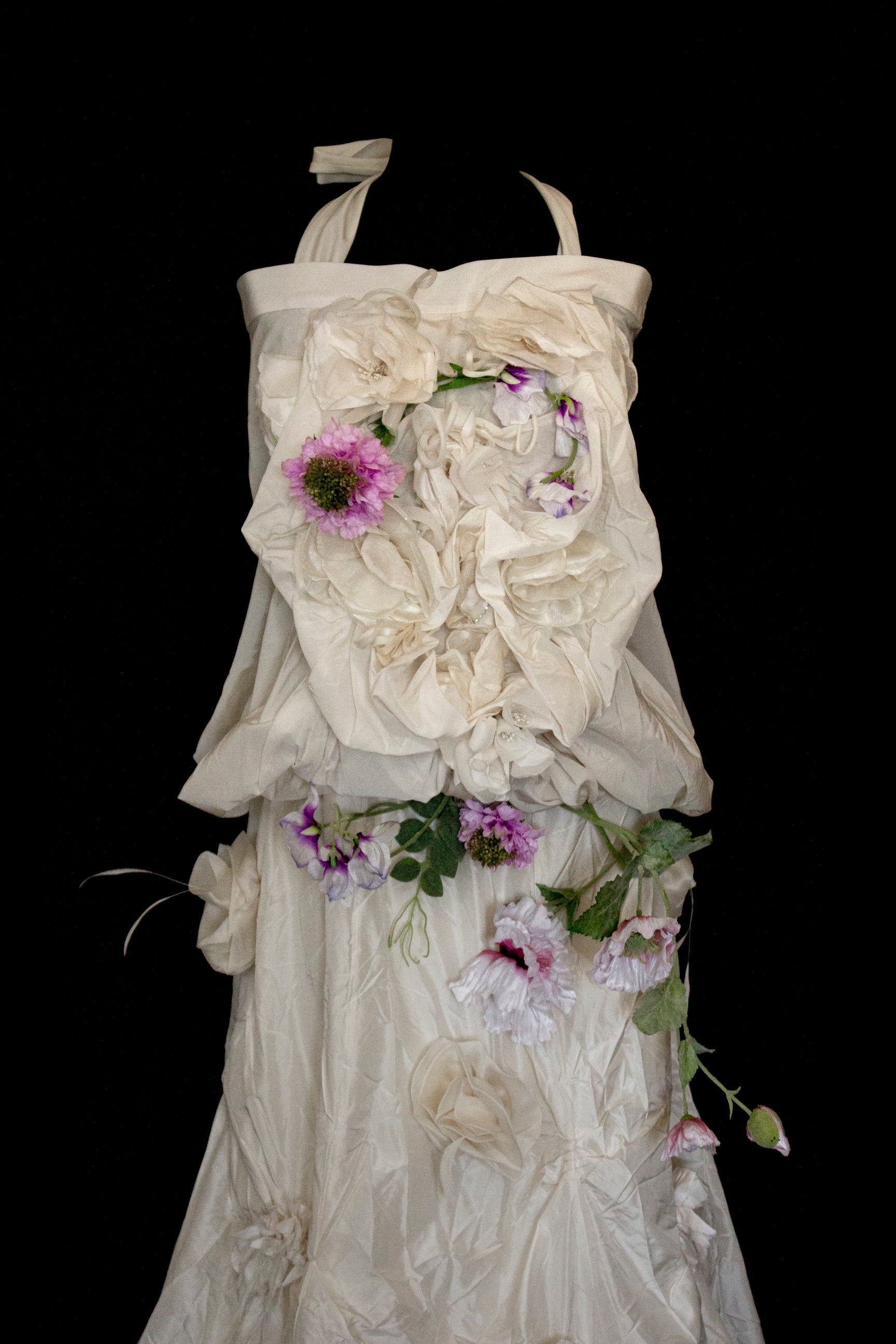 297- UNIQUE ROMANTIC VINTAGE SILK TAFFETA ENSEMBLE: BALLOON TOP & 3D MULTICOLOR FLORAL SKIRT - Vague atelier