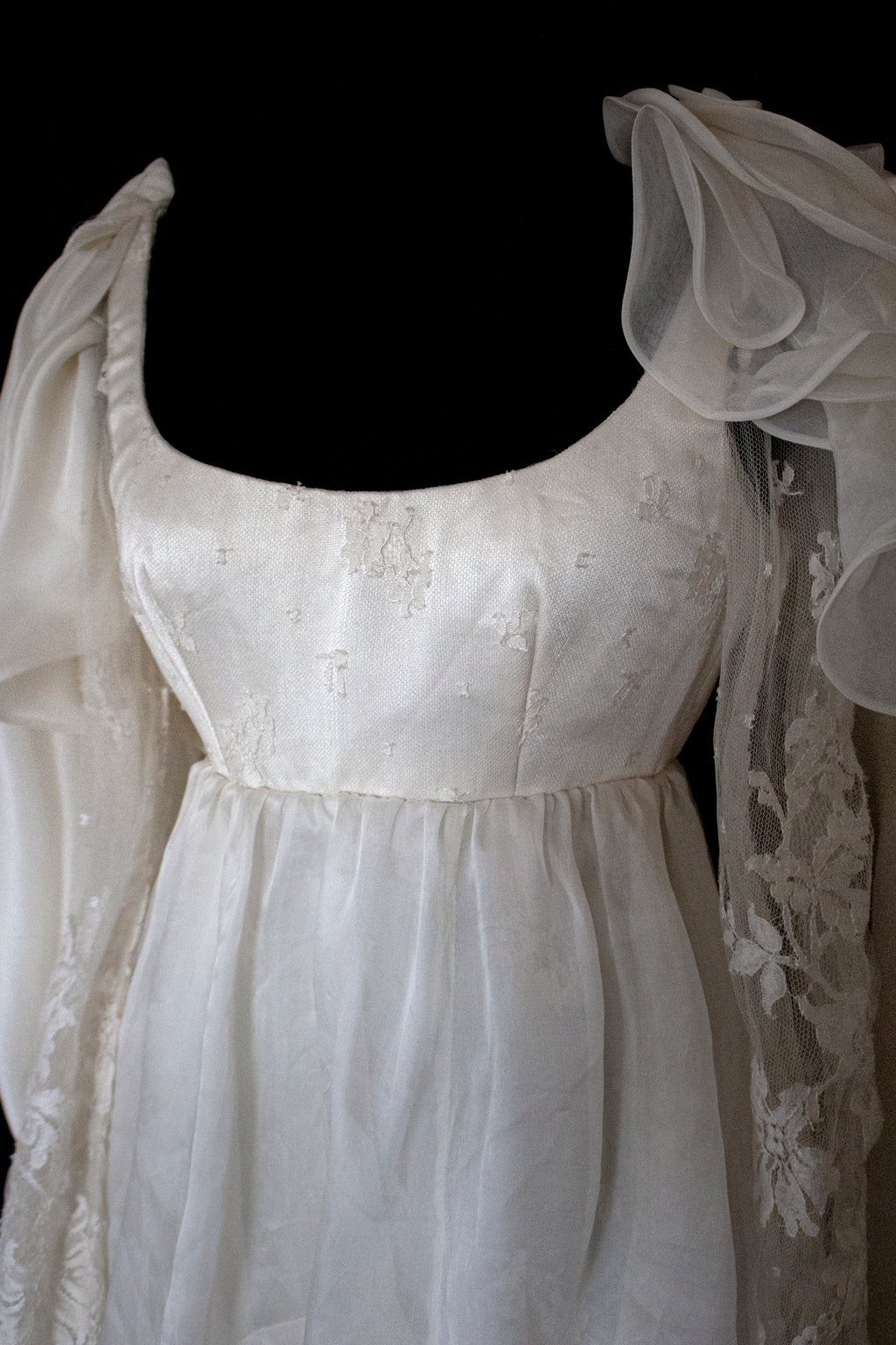 340 - OFF-WHITE SILK ORGANZA & ECRU LACE UPCYCLED WEDDING DRESS: UNIQUE EMPIRE GOWN WITH PLEATED WINGS