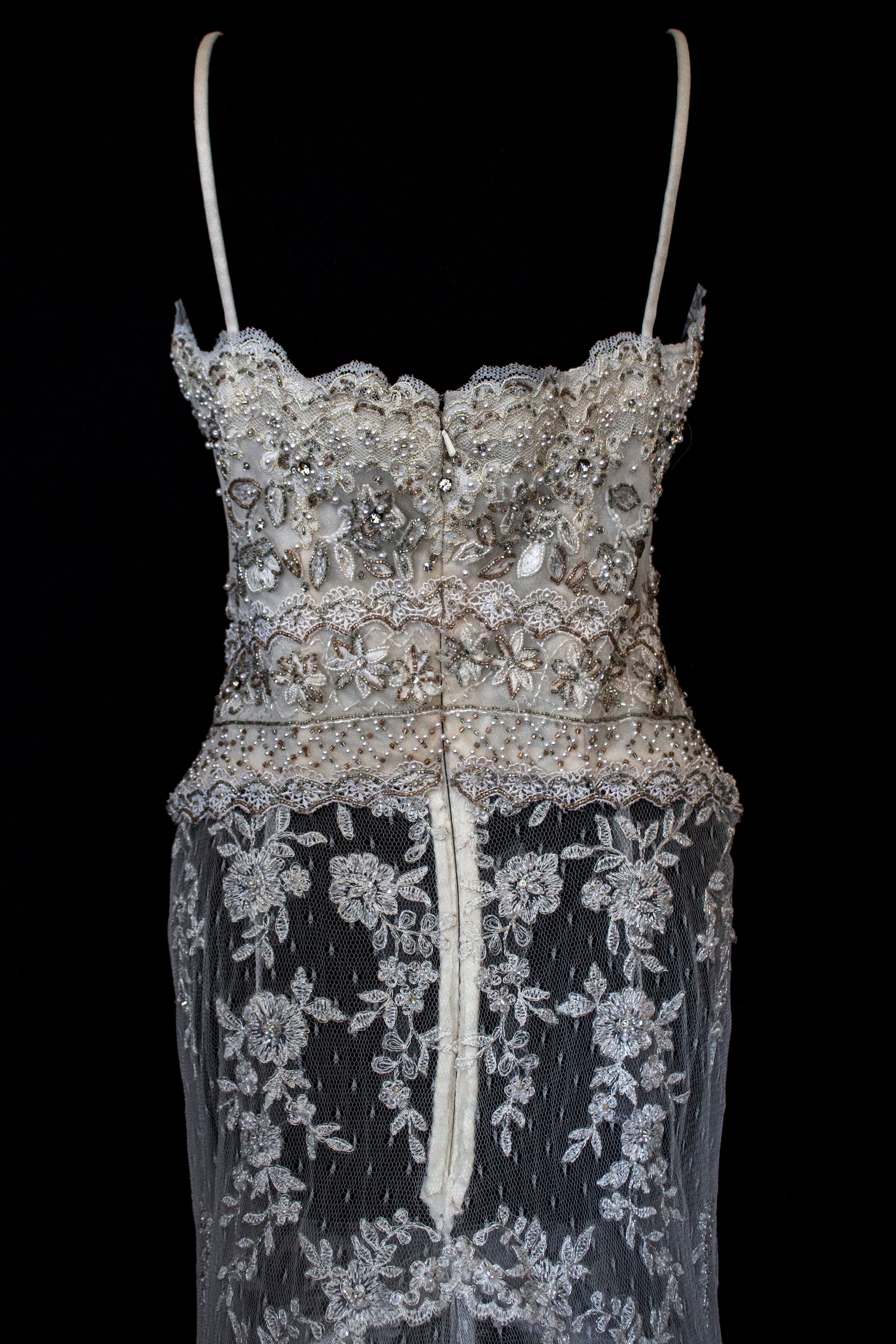 239 - VINTAGE OFF-WHITE MERMAID SWAROVSKI WEDDING DRESS: GOWN WITH NUDE POLKA DOT TULLE & SILVER FLORAL EMBROIDERY