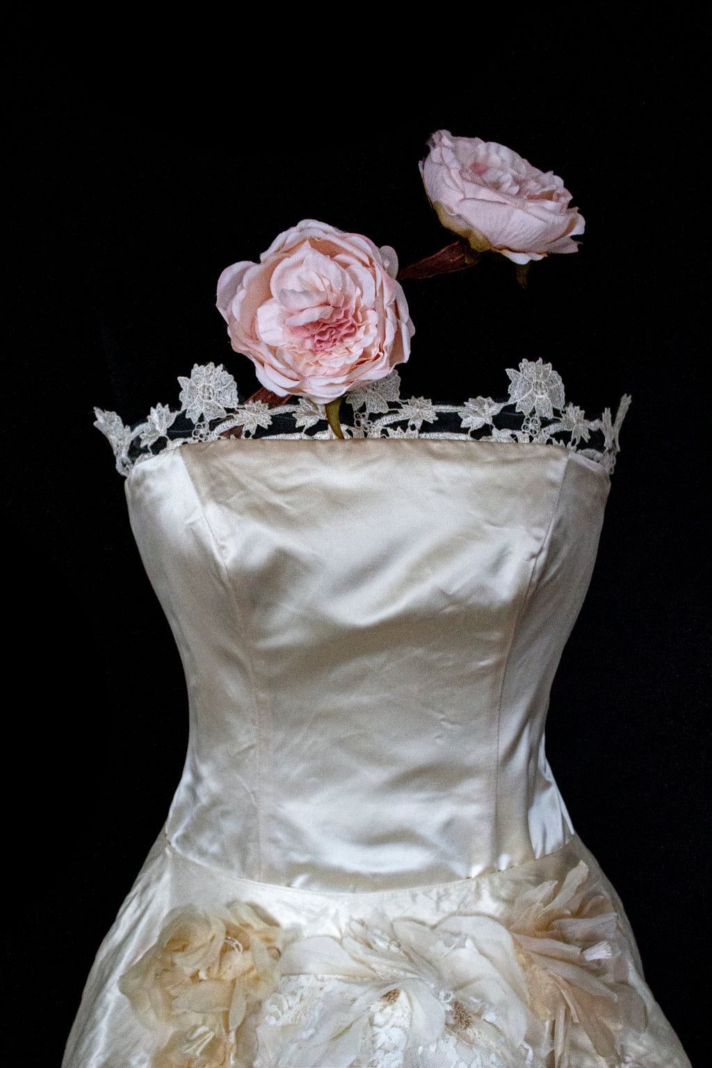 348 - UNIQUE UPCYCLED SILK MERMAID WEDDING DRESS: 90S CREAM TAFFETA GOWN WITH PINK PEONIES, EMBOSSED FLORAL DETAILS & BOHO ROMANTIC STYLE