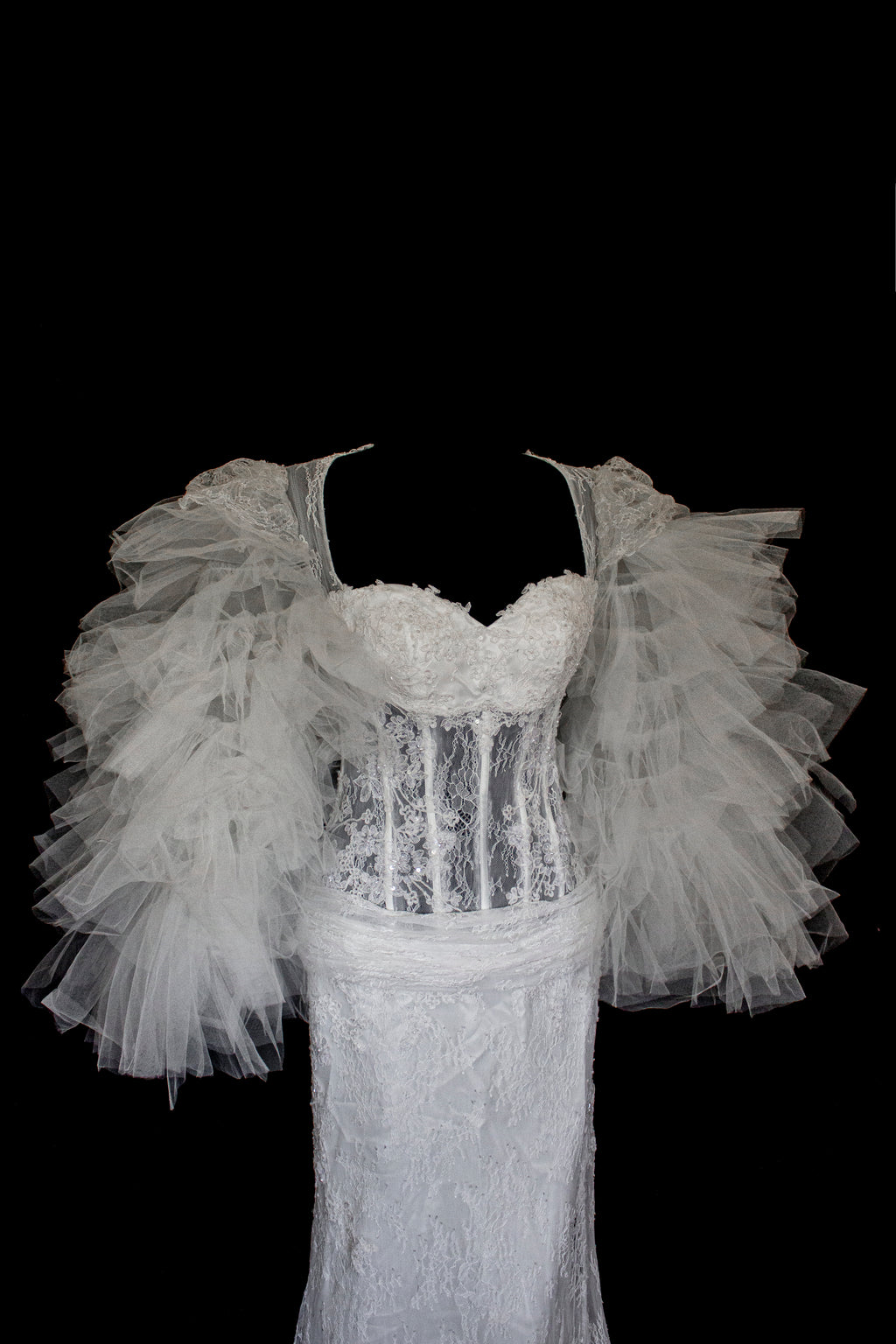 281 - SENSUAL BACKLESS BRIDAL GOWN: NUDE EFFECT EMBROIDERY & VAPOROUS TULLE RUFFLE SLEEVES