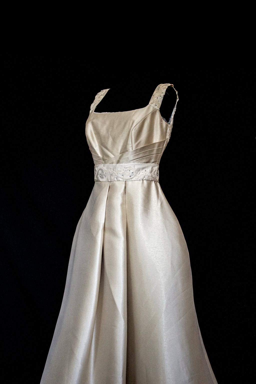 307 - REGAL BRONZE SILK MIKADO WEDDING DRESS: A-LINE GOWN WITH ANTIQUE 1960S EMBROIDERY