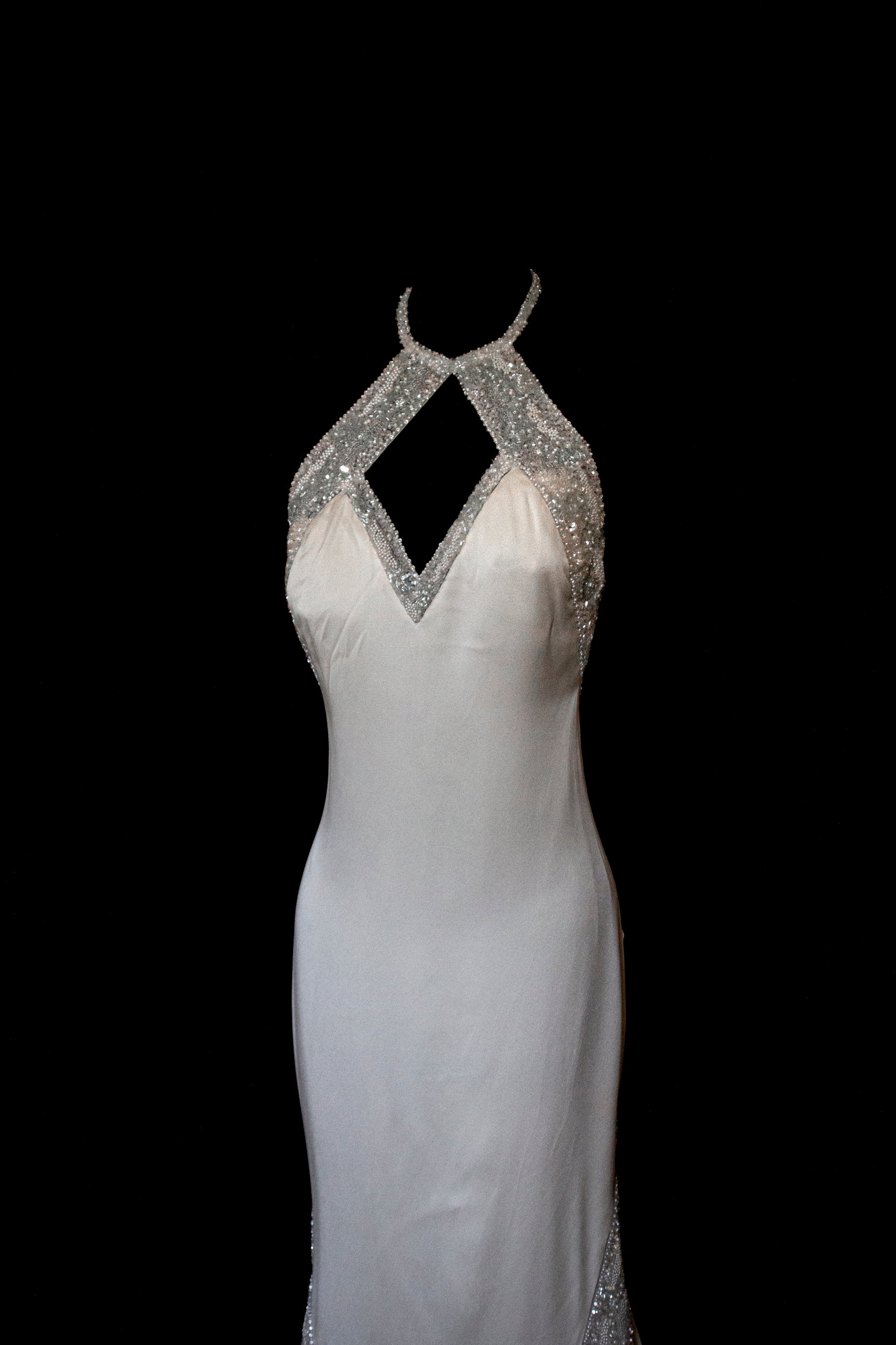 291 - OLD HOLLYWOOD VINTAGE MERMAID BRIDAL GOWN: BACKLESS SILK SATIN & ART DECO SILVER BEADING