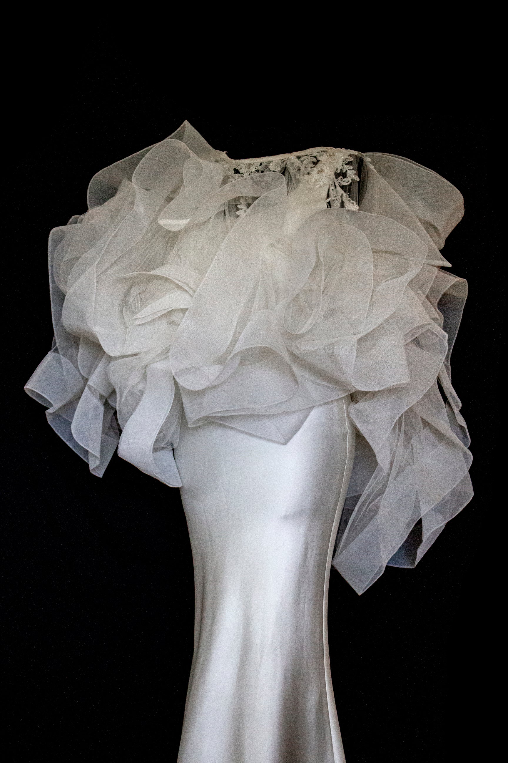 360 - VINTAGE SLIP STYLE WEDDING DRESS: CREAM FLUID SATIN GOWN WITH EMBROIDERED TULLE CAPE