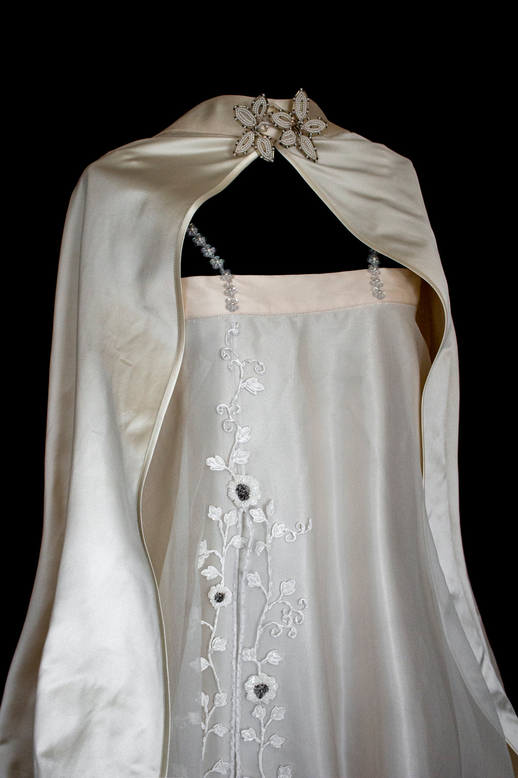 347 - UNIQUE UPCYCLED SILK SATIN WEDDING DRESS: POWDER PINK SLIP GOWN & IVORY CAPE ENSEMBLE, SILVER FLORAL EMBROIDERY, BOHO LUXURY