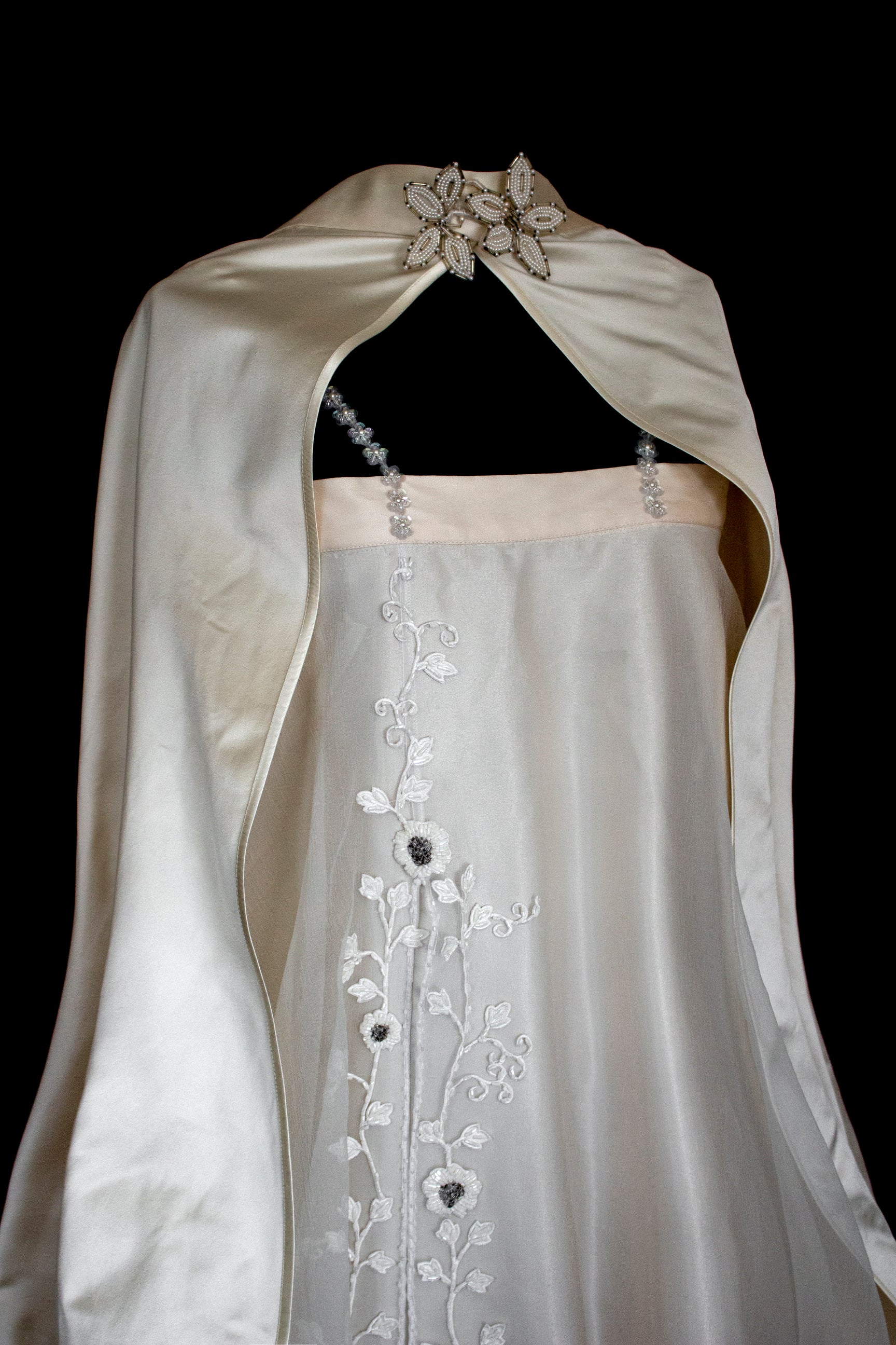 347 - UNIQUE UPCYCLED SILK SATIN WEDDING DRESS: POWDER PINK SLIP GOWN & IVORY CAPE ENSEMBLE, SILVER FLORAL EMBROIDERY, BOHO LUXURY