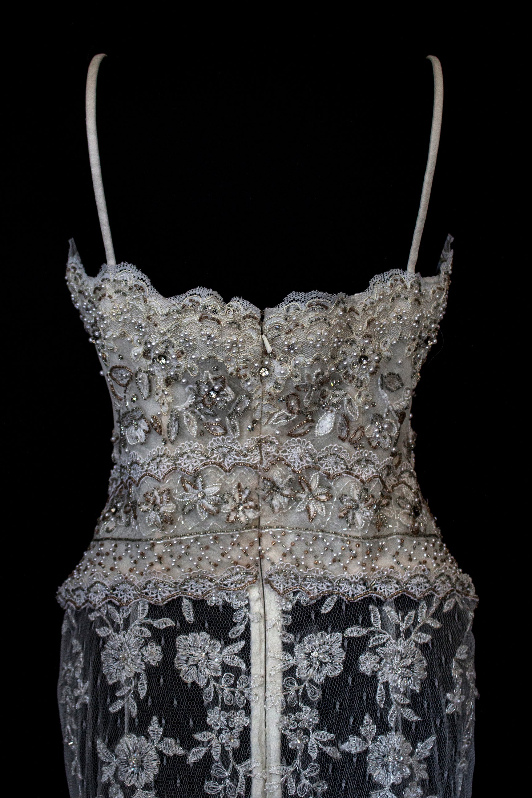 239 - VINTAGE OFF-WHITE MERMAID SWAROVSKI WEDDING DRESS: GOWN WITH NUDE POLKA DOT TULLE & SILVER FLORAL EMBROIDERY