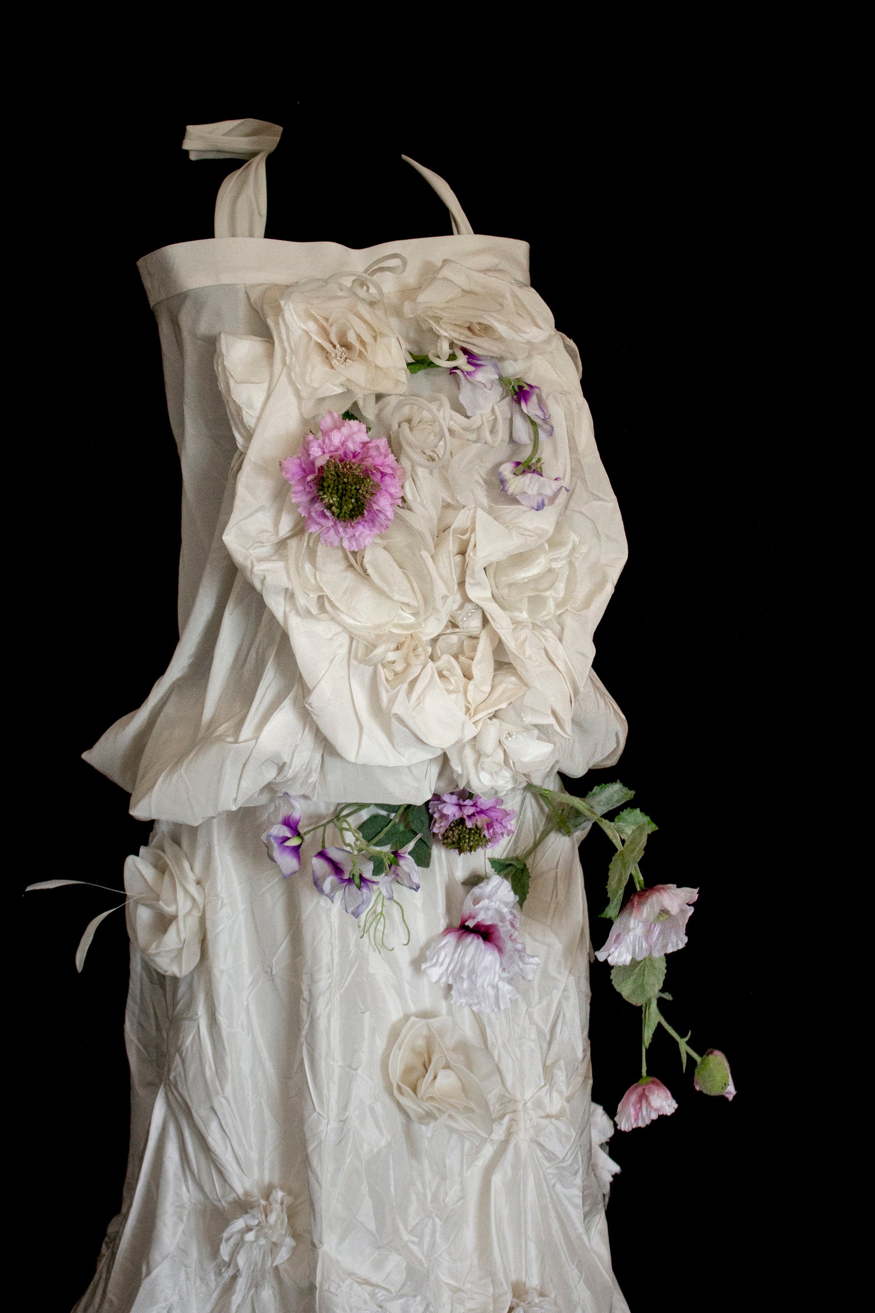 297- UNIQUE ROMANTIC VINTAGE SILK TAFFETA ENSEMBLE: BALLOON TOP & 3D MULTICOLOR FLORAL SKIRT - Vague atelier