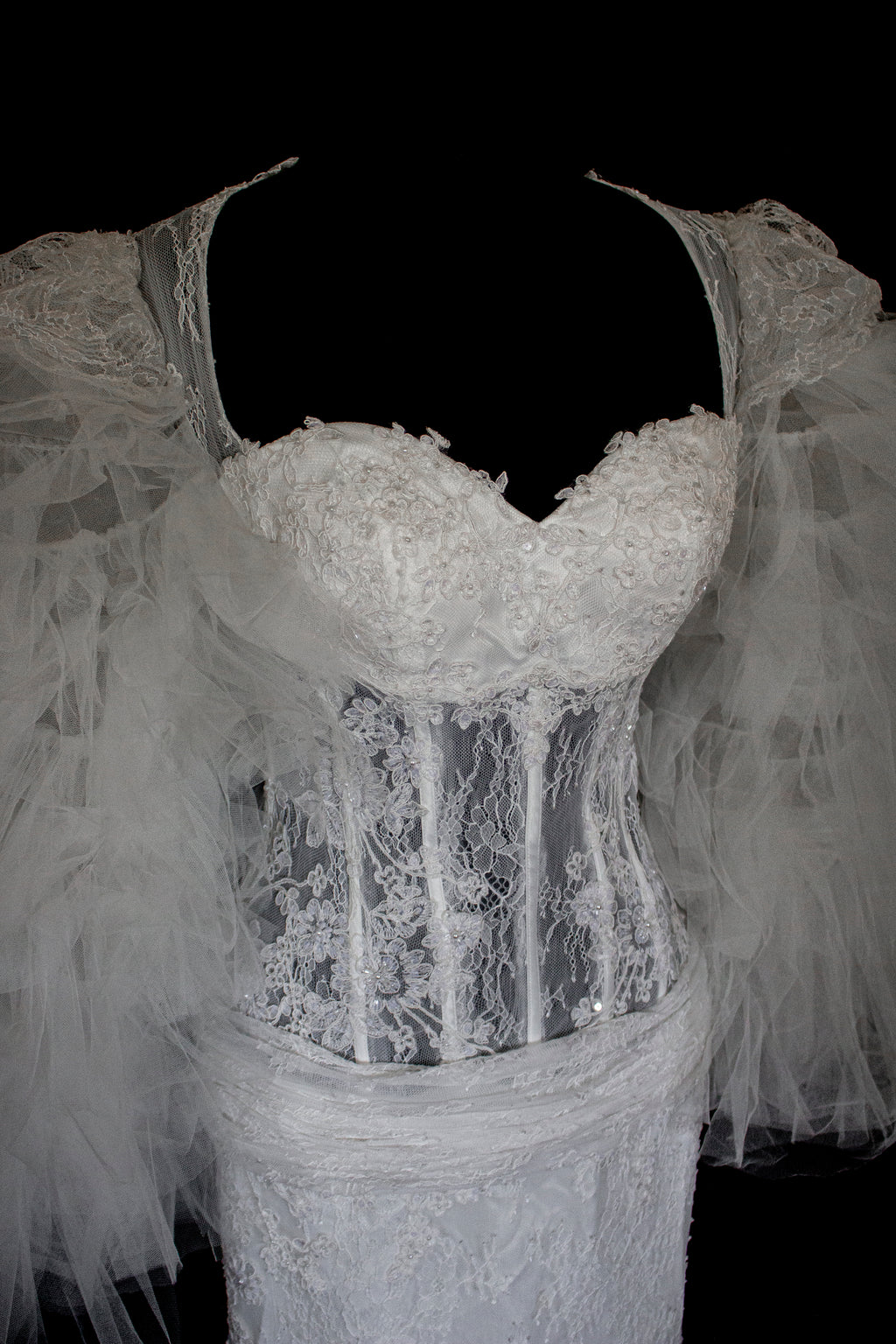 281 - SENSUAL BACKLESS BRIDAL GOWN: NUDE EFFECT EMBROIDERY & VAPOROUS TULLE RUFFLE SLEEVES