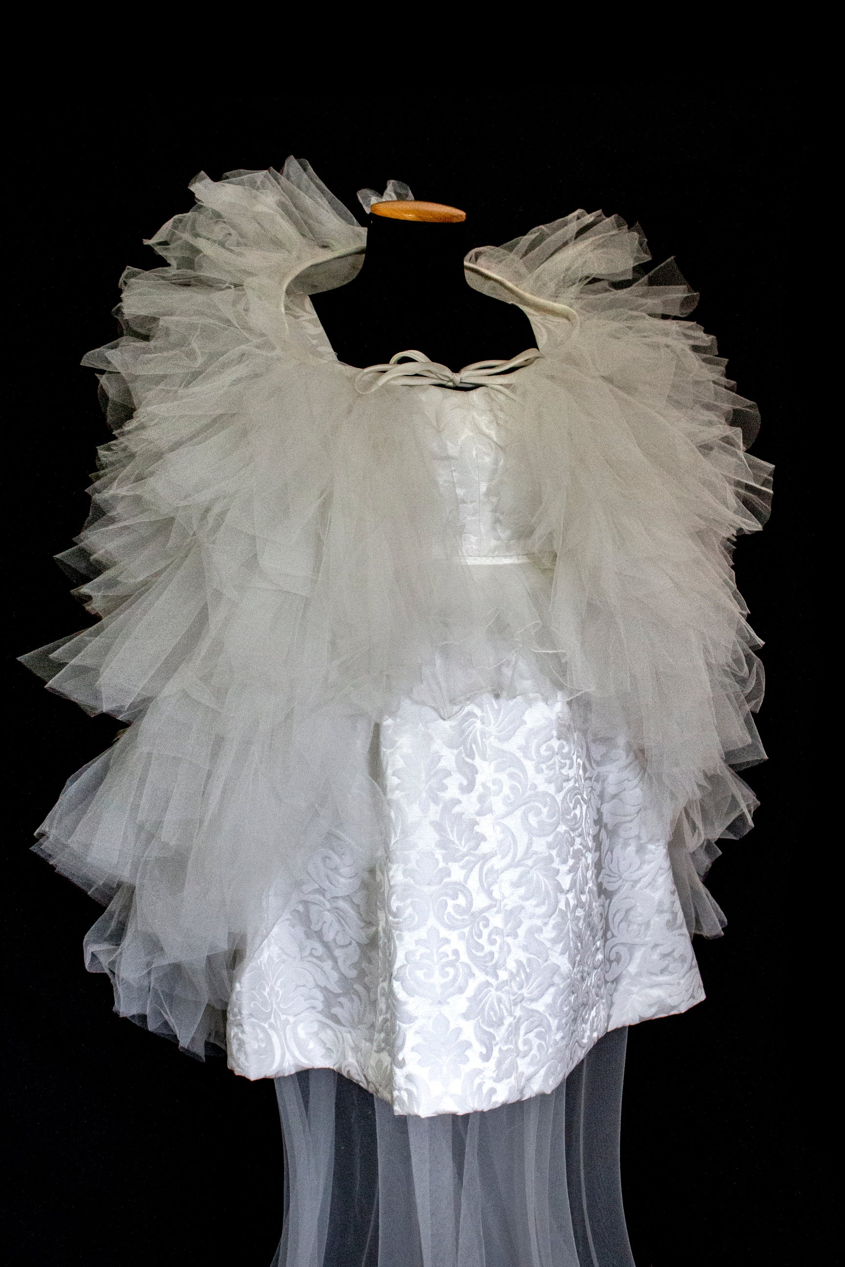 Vintage 90s Mini Wedding Dress | Damask Bridal Dress with Cape & Bow - 368
