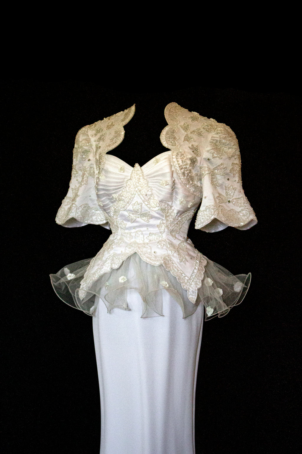 Vintage 80s Sheath Wedding Dress | Hand Embroidered Bridal Gown with Slit - 366