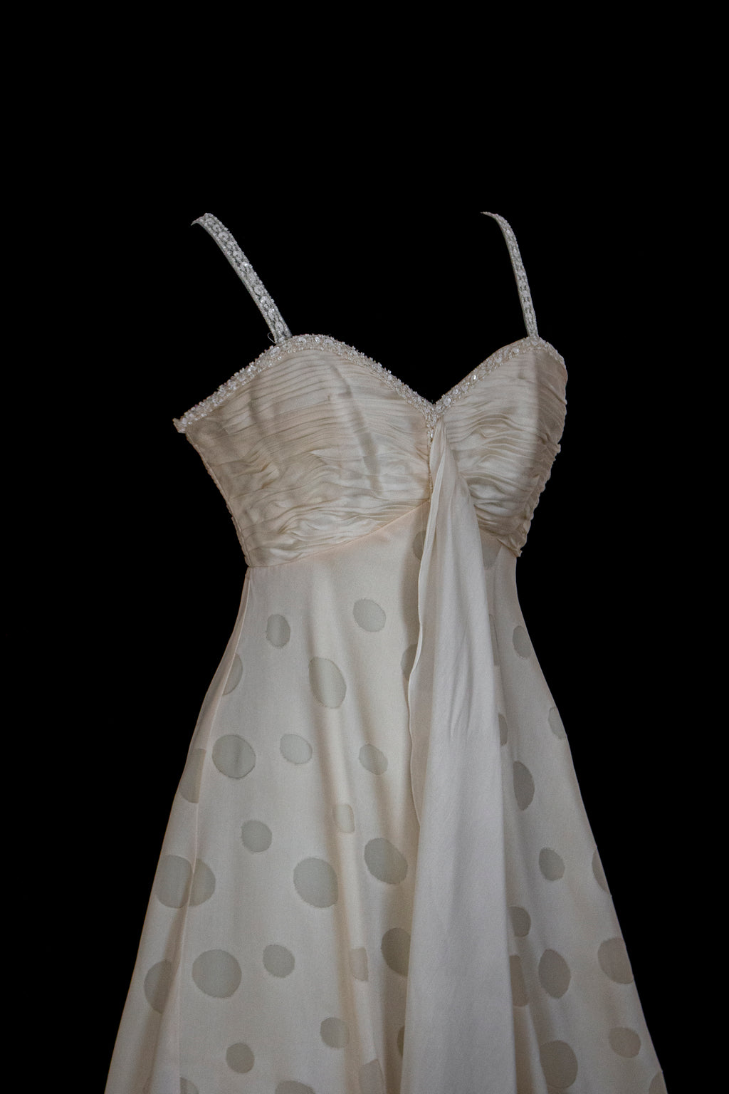 338 - IVORY CHAMPAGNE SILK ORGANZA WEDDING DRESS: POLKA / POIS DOT EMPIRE GOWN WITH BEADED STRAPS & FULL CIRCLE TRAIN - Vague atelier