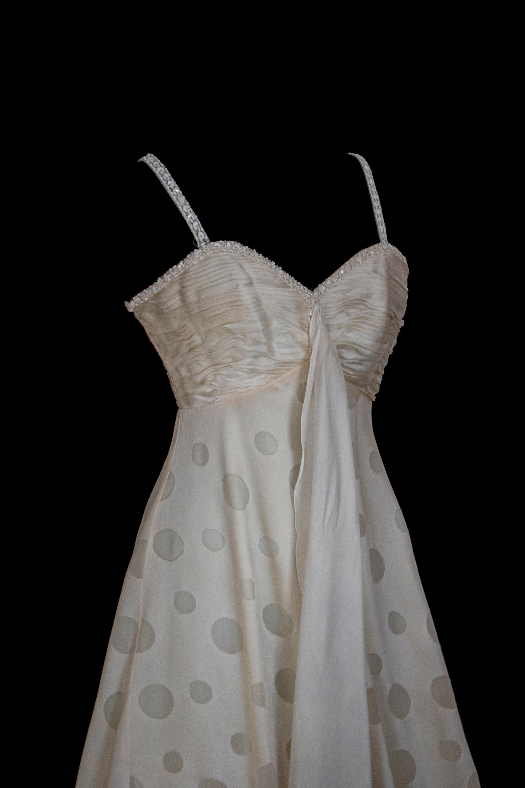 338 - IVORY CHAMPAGNE SILK ORGANZA WEDDING DRESS: POLKA / POIS DOT EMPIRE GOWN WITH BEADED STRAPS & FULL CIRCLE TRAIN - Vague atelier
