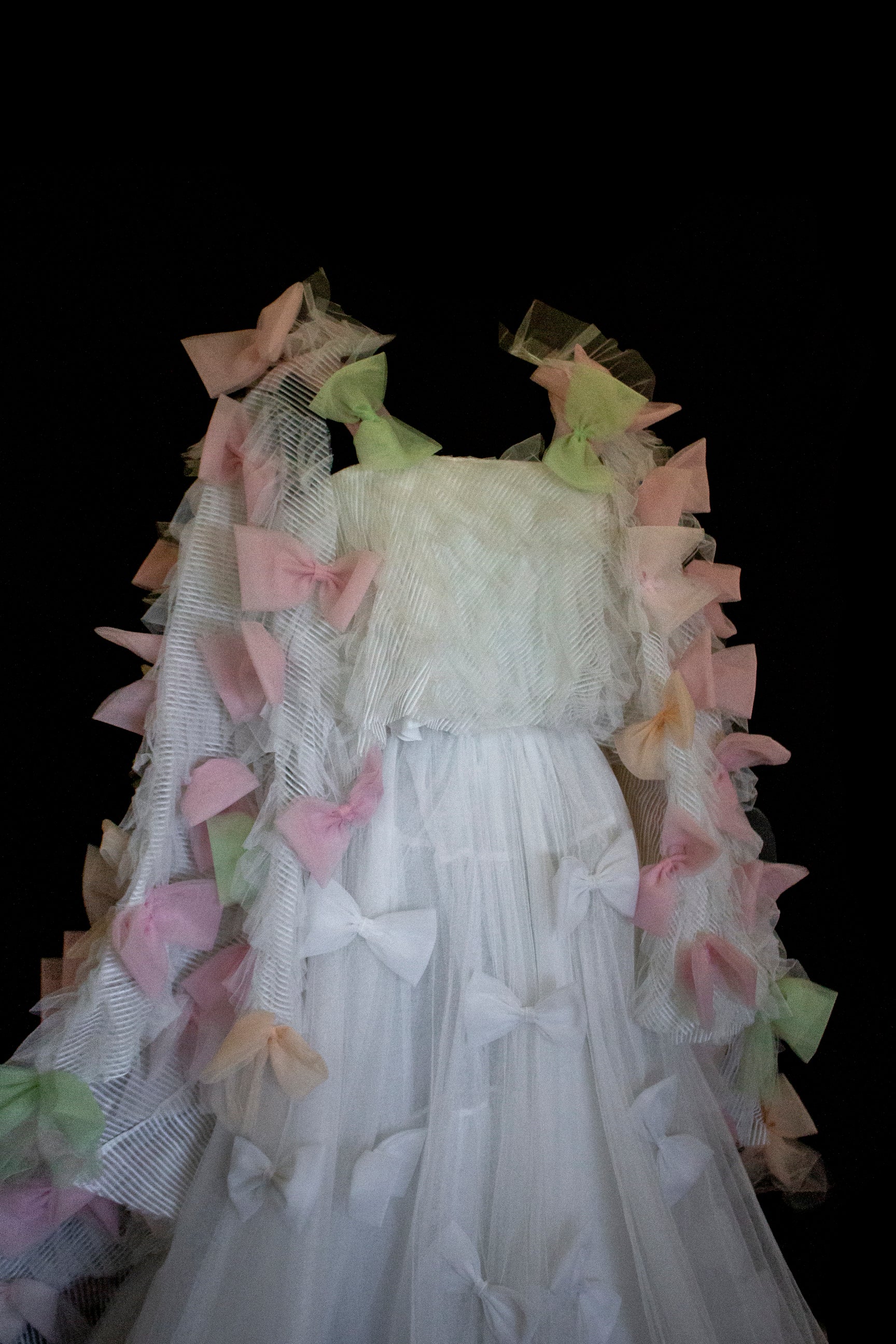 363 - VINTAGE 90s UPCYCLED TULLE 3-PIECE WEDDING DRESS: EMBROIDERED GOWN WITH HANDMADE BOWS AND CAPE