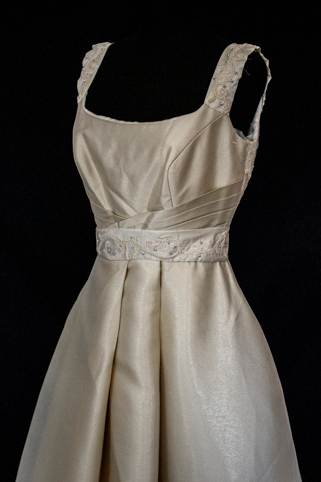 307 - REGAL BRONZE SILK MIKADO WEDDING DRESS: A-LINE GOWN WITH ANTIQUE 1960S EMBROIDERY