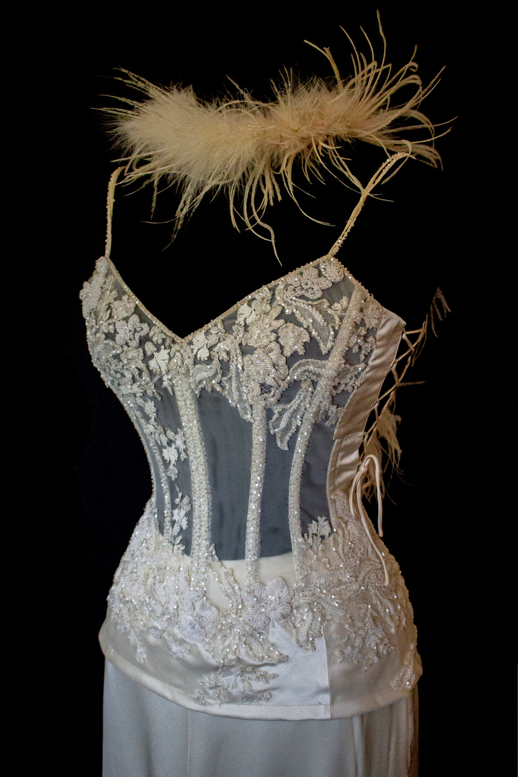 362 - VINTAGE 90s SILK BRIDAL TWO PIECE SET: EMBROIDERED BUSTIER AND FLUID CREAM SKIRT
