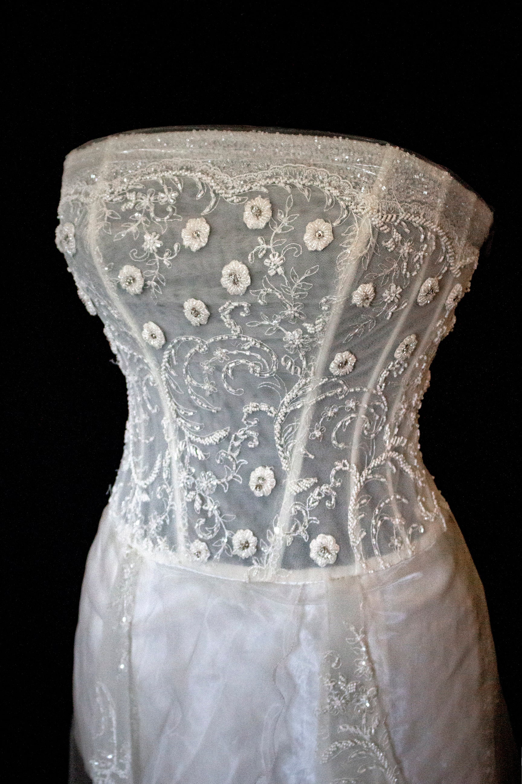 365 - VINTAGE 90s UPCYCLED EMBROIDERED WEDDING DRESS: STRAPLESS WRAP GOWN WITH IRIDESCENT DRAMA CAPE