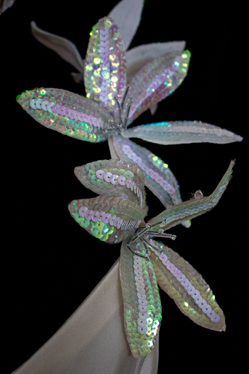 262 - RARE VINTAGE CHAMPAGNE BRIDAL GOWN: SILK MIKADO WITH AUTHENTIC 80S SEQUIN MAXI FLOWERS