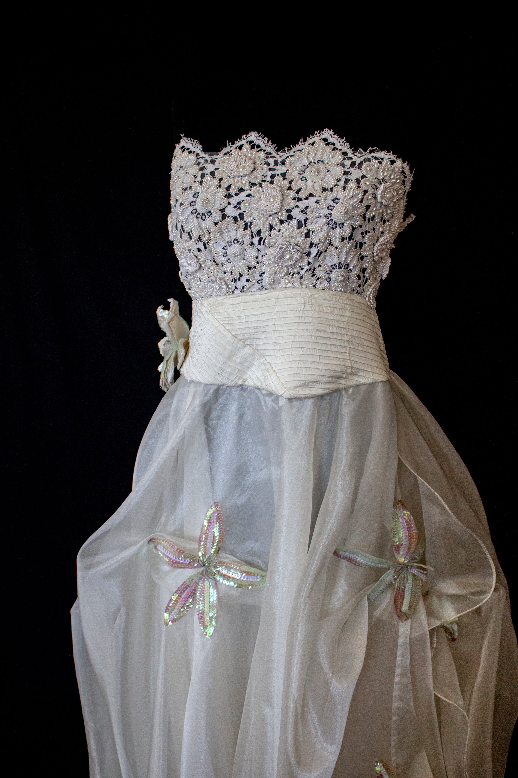 352 - UNIQUE 80S VINTAGE UPCYCLED WEDDING DRESS: EMPIRE WAIST SILK BRIDAL GOWN WITH IRIDESCENT ORGANZA & SEQUIN MAXI FLOWERS - Vague atelier