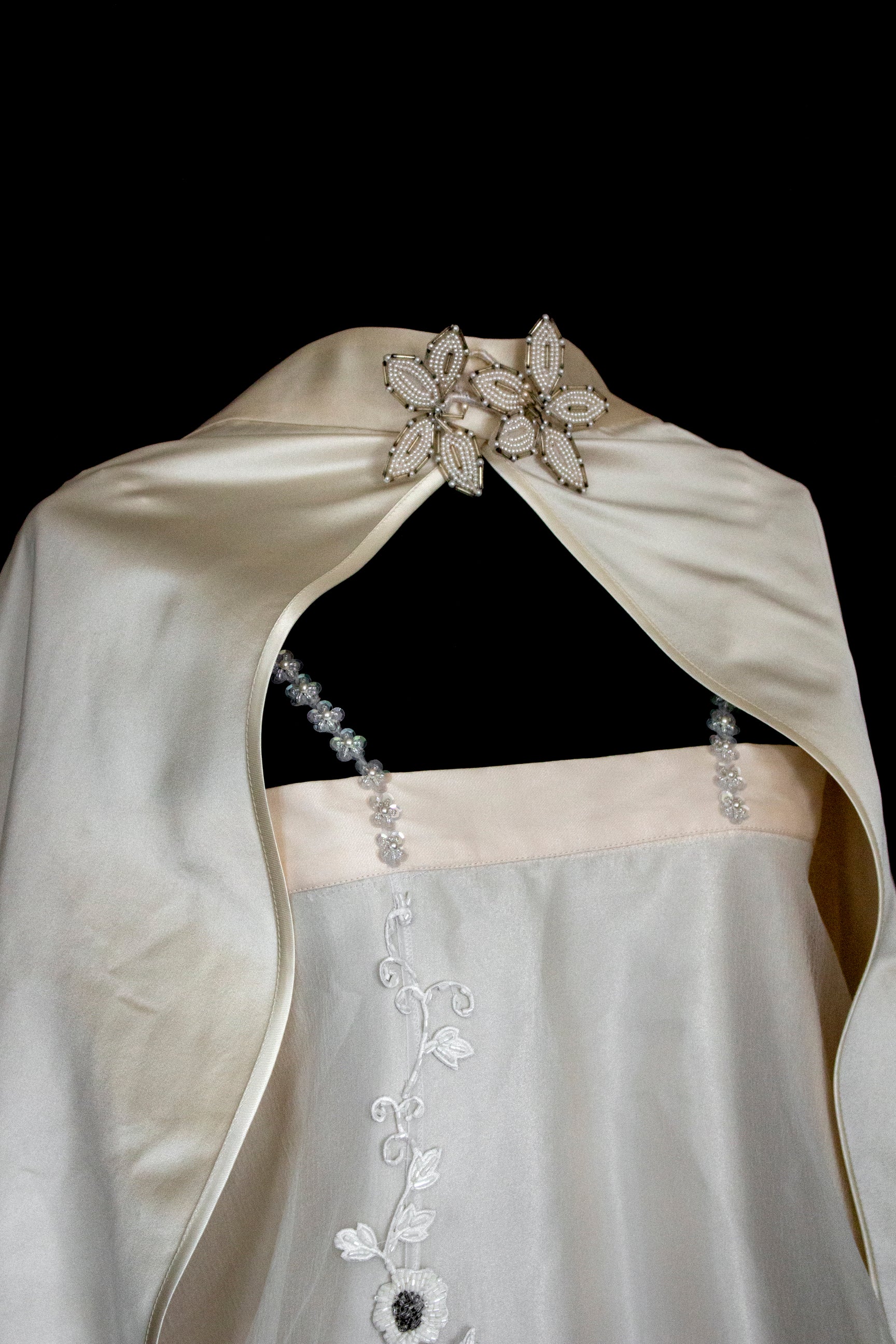 347 - UNIQUE UPCYCLED SILK SATIN WEDDING DRESS: POWDER PINK SLIP GOWN & IVORY CAPE ENSEMBLE, SILVER FLORAL EMBROIDERY, BOHO LUXURY