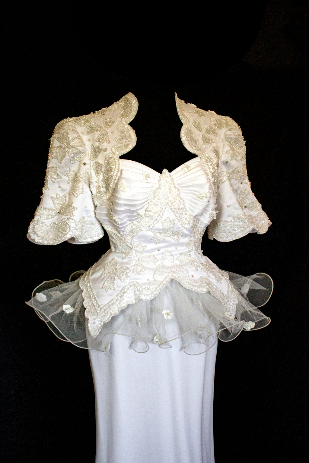 Vintage 80s Sheath Wedding Dress | Hand Embroidered Bridal Gown with Slit - 366