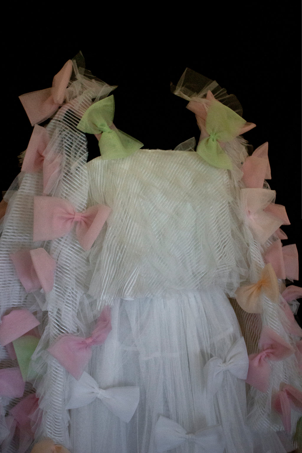 363 - VINTAGE 90s UPCYCLED TULLE 3-PIECE WEDDING DRESS: EMBROIDERED GOWN WITH HANDMADE BOWS AND CAPE
