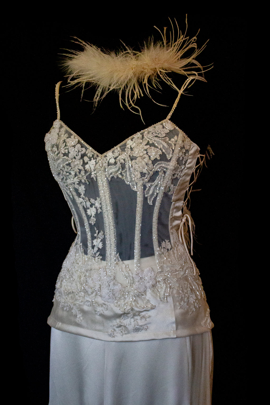 362 - VINTAGE 90s SILK BRIDAL TWO PIECE SET: EMBROIDERED BUSTIER AND FLUID CREAM SKIRT