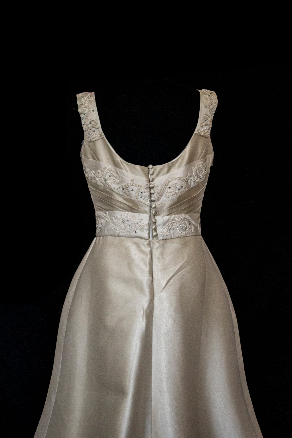 307 - REGAL BRONZE SILK MIKADO WEDDING DRESS: A-LINE GOWN WITH ANTIQUE 1960S EMBROIDERY