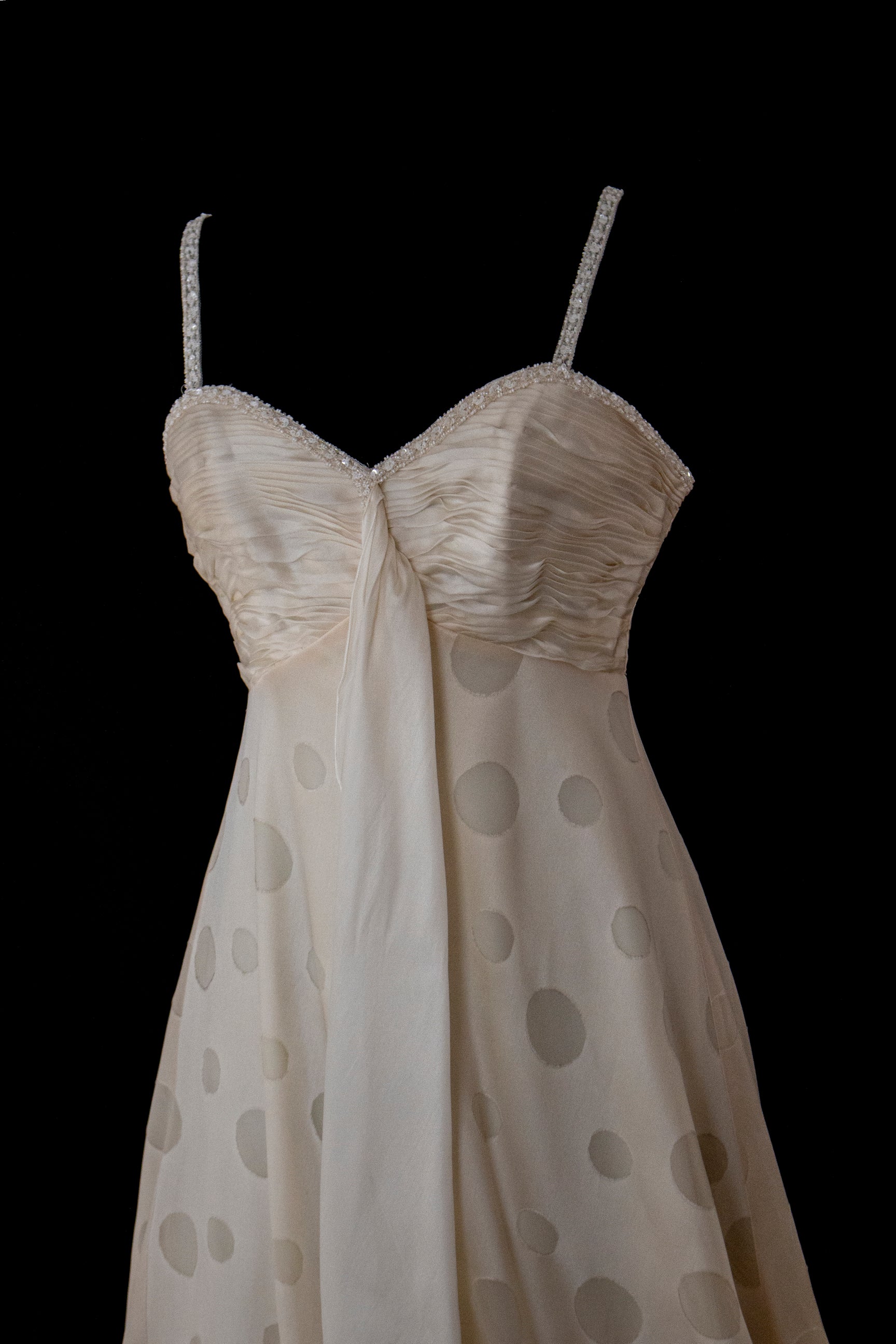 338 - IVORY CHAMPAGNE SILK ORGANZA WEDDING DRESS: POLKA / POIS DOT EMPIRE GOWN WITH BEADED STRAPS & FULL CIRCLE TRAIN - Vague atelier