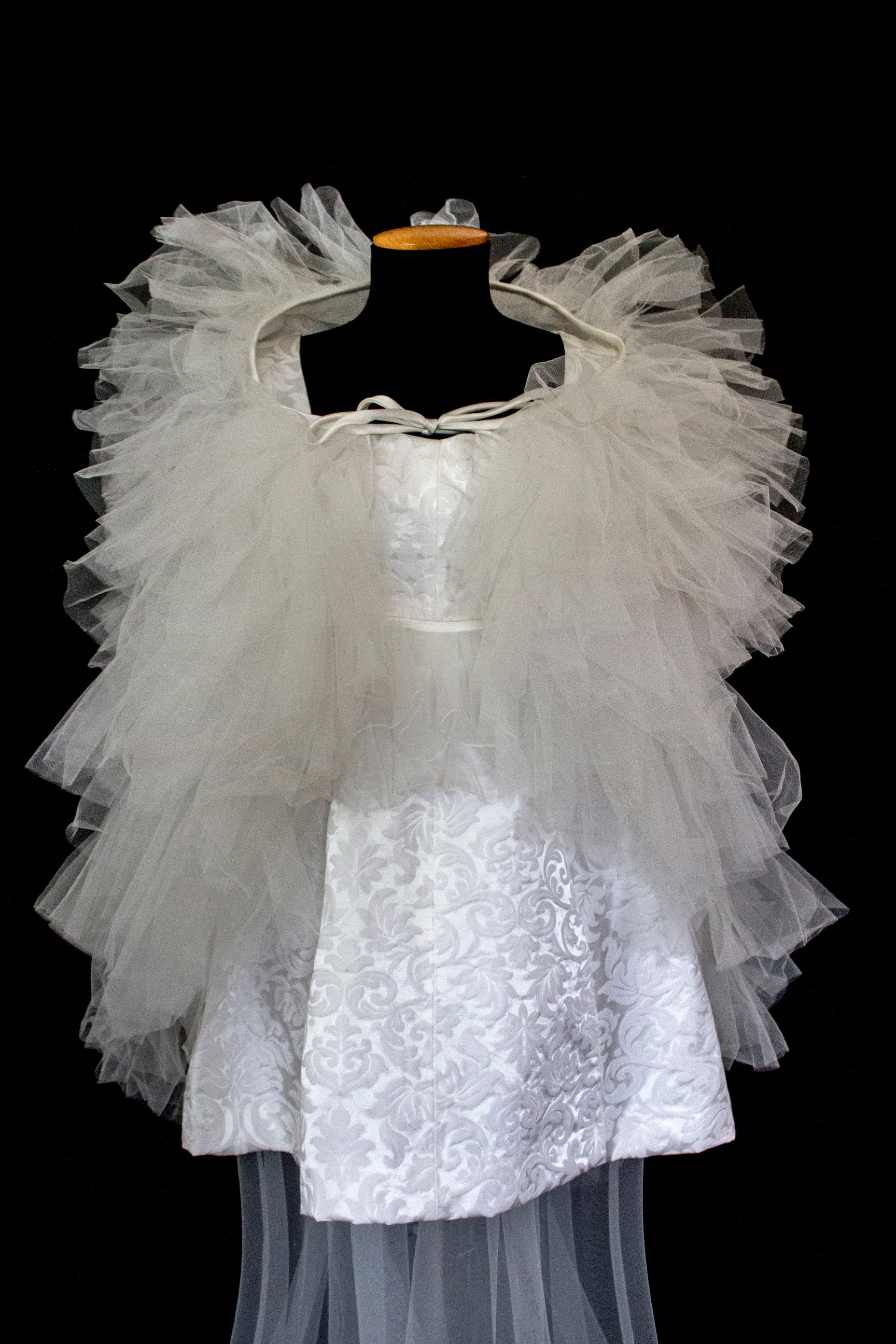 Vintage 90s Mini Wedding Dress | Damask Bridal Dress with Cape & Bow - 368