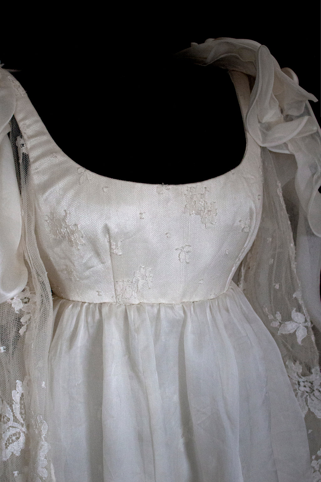 340 - OFF-WHITE SILK ORGANZA & ECRU LACE UPCYCLED WEDDING DRESS: UNIQUE EMPIRE GOWN WITH PLEATED WINGS