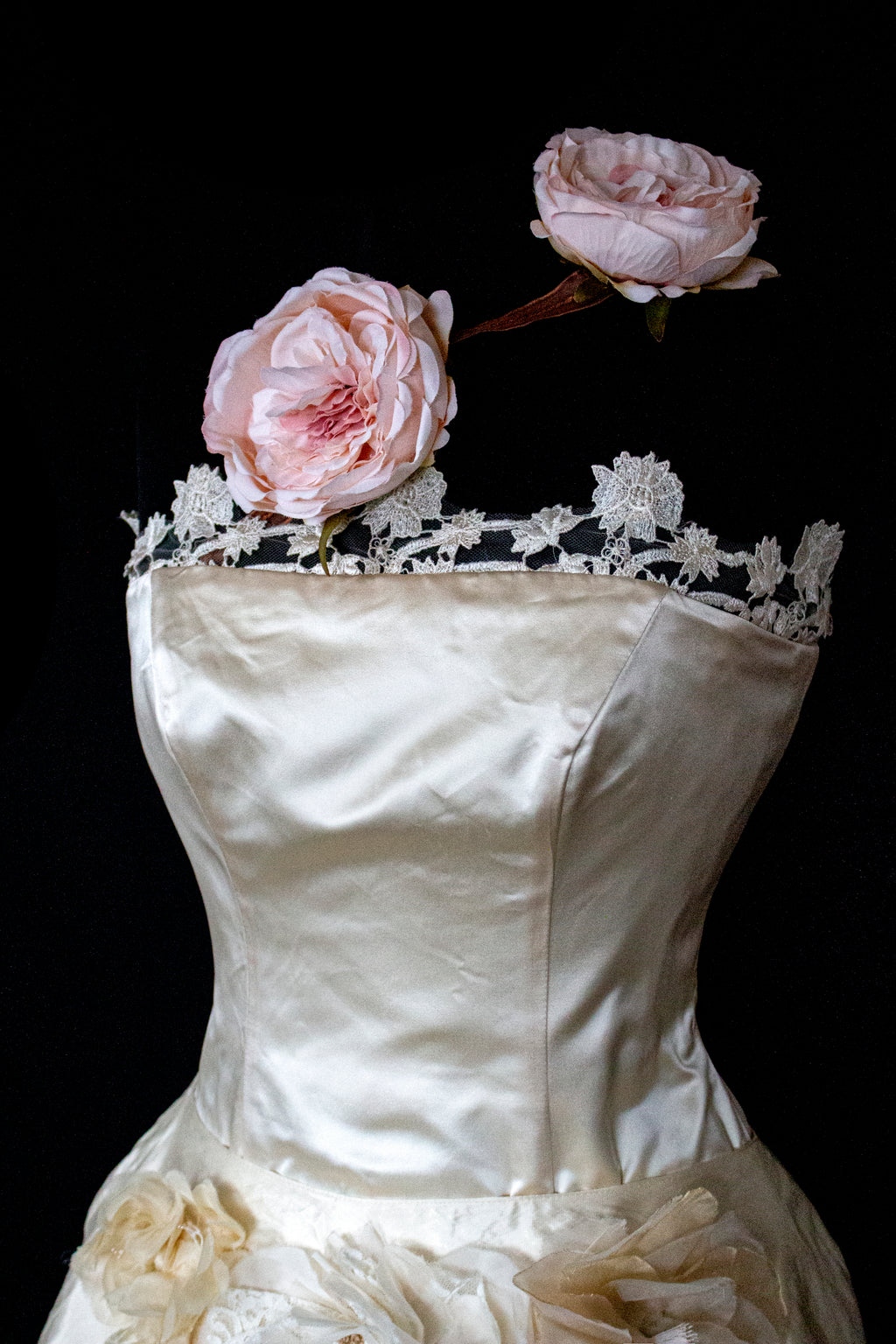 348 - UNIQUE UPCYCLED SILK MERMAID WEDDING DRESS: 90S CREAM TAFFETA GOWN WITH PINK PEONIES, EMBOSSED FLORAL DETAILS & BOHO ROMANTIC STYLE