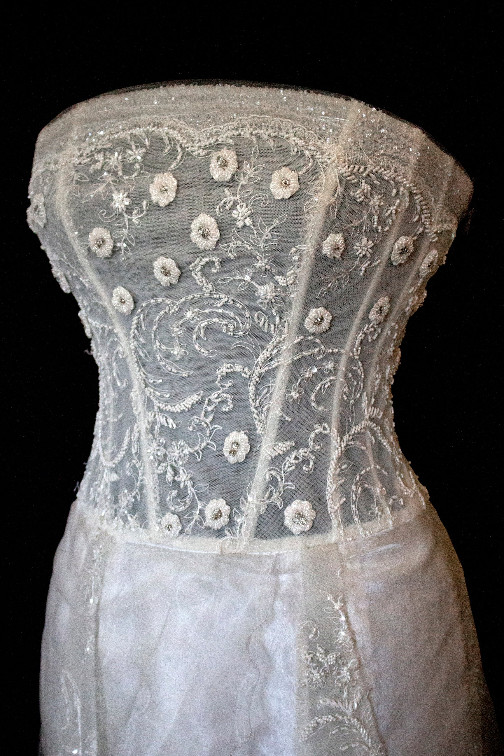 365 - VINTAGE 90s UPCYCLED EMBROIDERED WEDDING DRESS: STRAPLESS WRAP GOWN WITH IRIDESCENT DRAMA CAPE