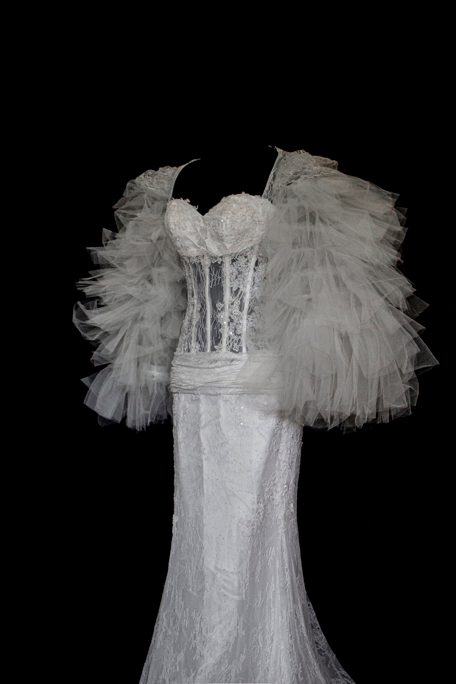 281 - SENSUAL BACKLESS BRIDAL GOWN: NUDE EFFECT EMBROIDERY & VAPOROUS TULLE RUFFLE SLEEVES