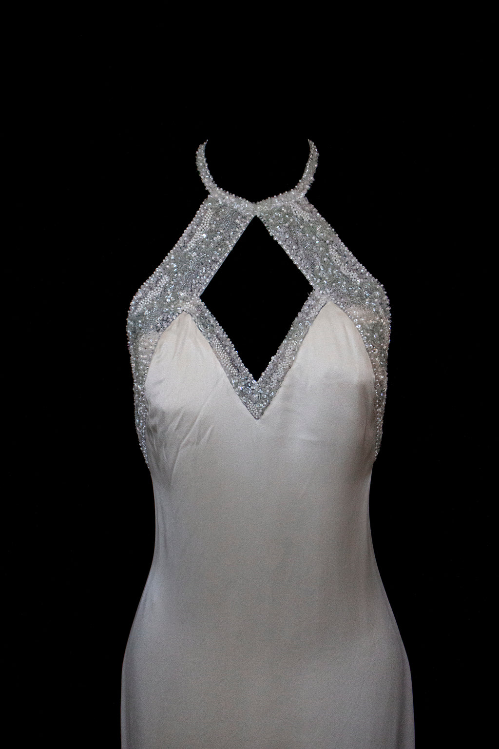 291 - OLD HOLLYWOOD VINTAGE MERMAID BRIDAL GOWN: BACKLESS SILK SATIN & ART DECO SILVER BEADING