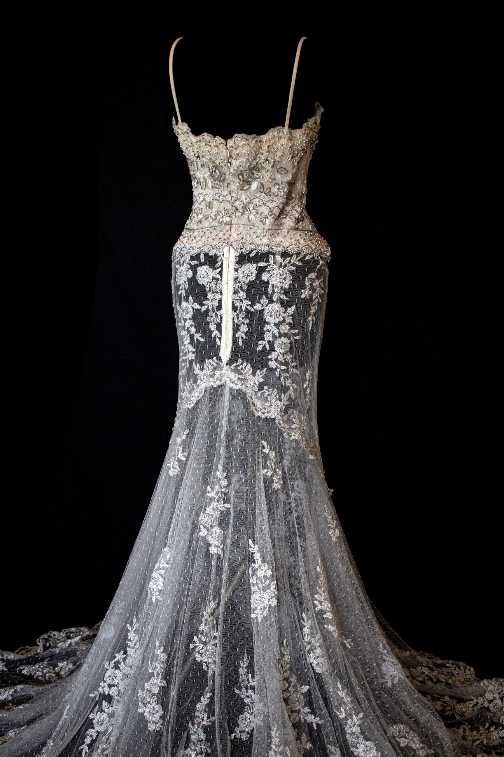 239 - VINTAGE OFF-WHITE MERMAID SWAROVSKI WEDDING DRESS: GOWN WITH NUDE POLKA DOT TULLE & SILVER FLORAL EMBROIDERY
