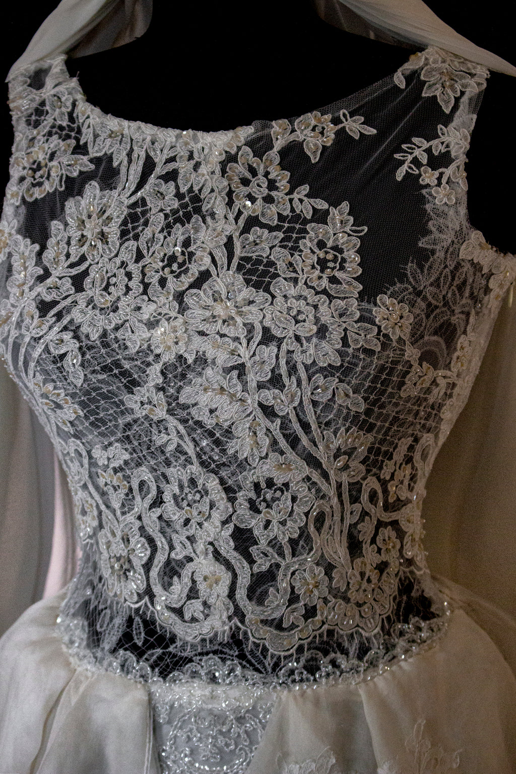 331 - ONE OF A KIND UPCYCLED VINTAGE BRIDAL GOWN: ASYMMETRIC LAYERED SILK CLOUD SKIRT & EMBROIDERED LACE - Vague atelier