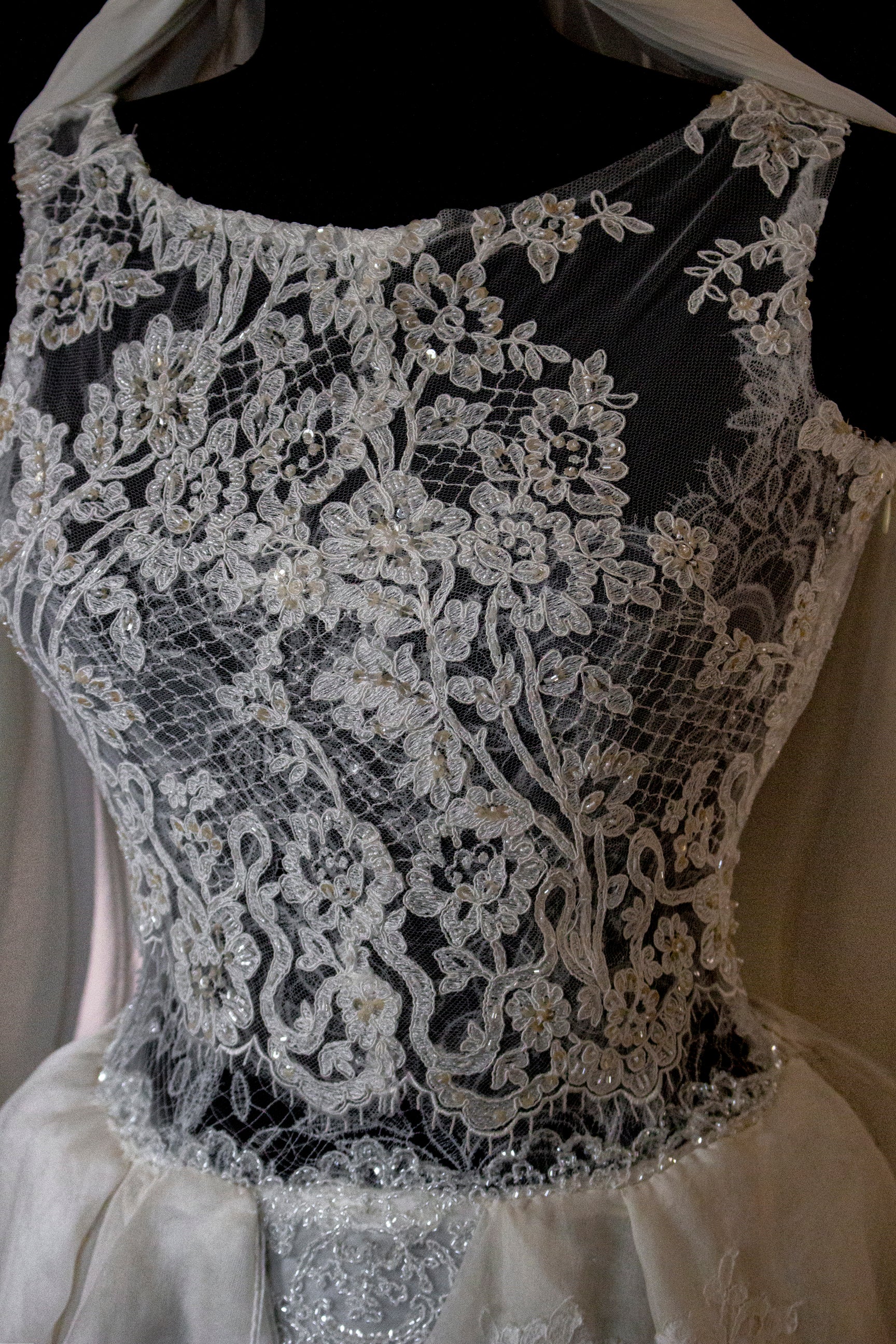 331 - ONE OF A KIND UPCYCLED VINTAGE BRIDAL GOWN: ASYMMETRIC LAYERED SILK CLOUD SKIRT & EMBROIDERED LACE - Vague atelier