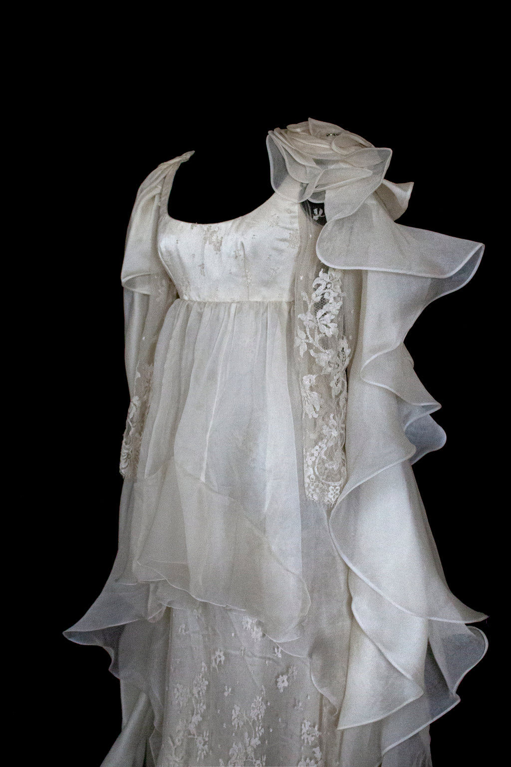 340 - OFF-WHITE SILK ORGANZA & ECRU LACE UPCYCLED WEDDING DRESS: UNIQUE EMPIRE GOWN WITH PLEATED WINGS