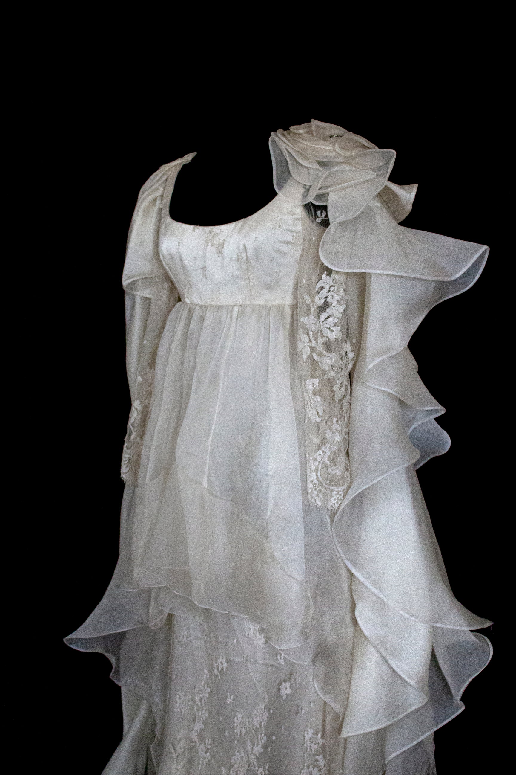 340 - OFF-WHITE SILK ORGANZA & ECRU LACE UPCYCLED WEDDING DRESS: UNIQUE EMPIRE GOWN WITH PLEATED WINGS